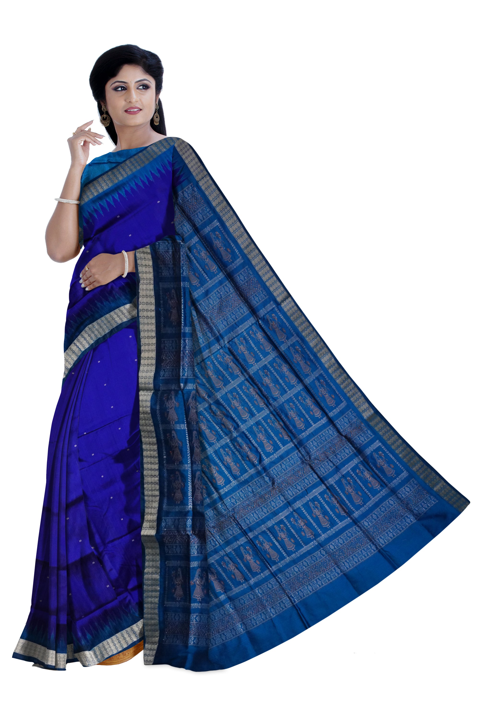 Small booty pattern plain pata saree in Blue & Sky color. - Koshali Arts & Crafts Enterprise