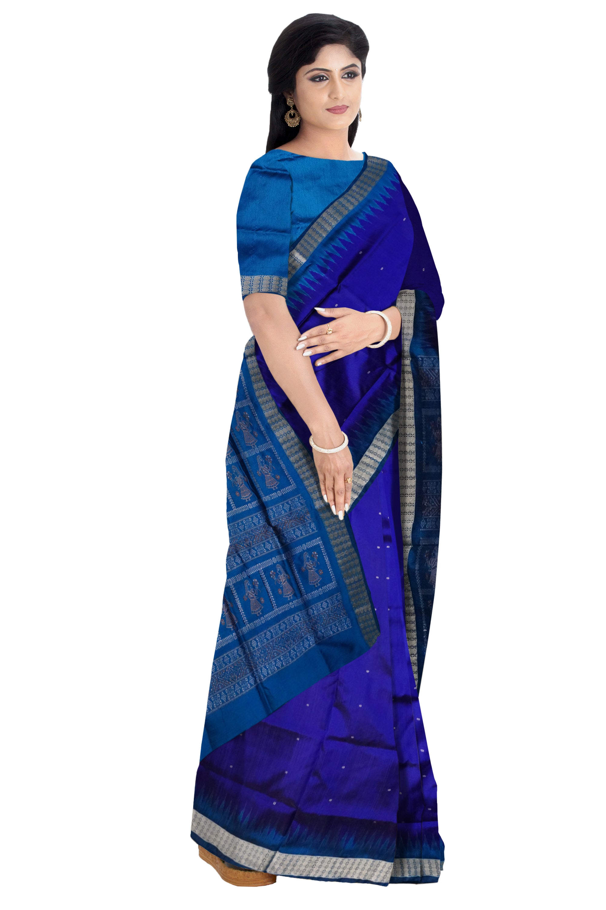 Small booty pattern plain pata saree in Blue & Sky color. - Koshali Arts & Crafts Enterprise