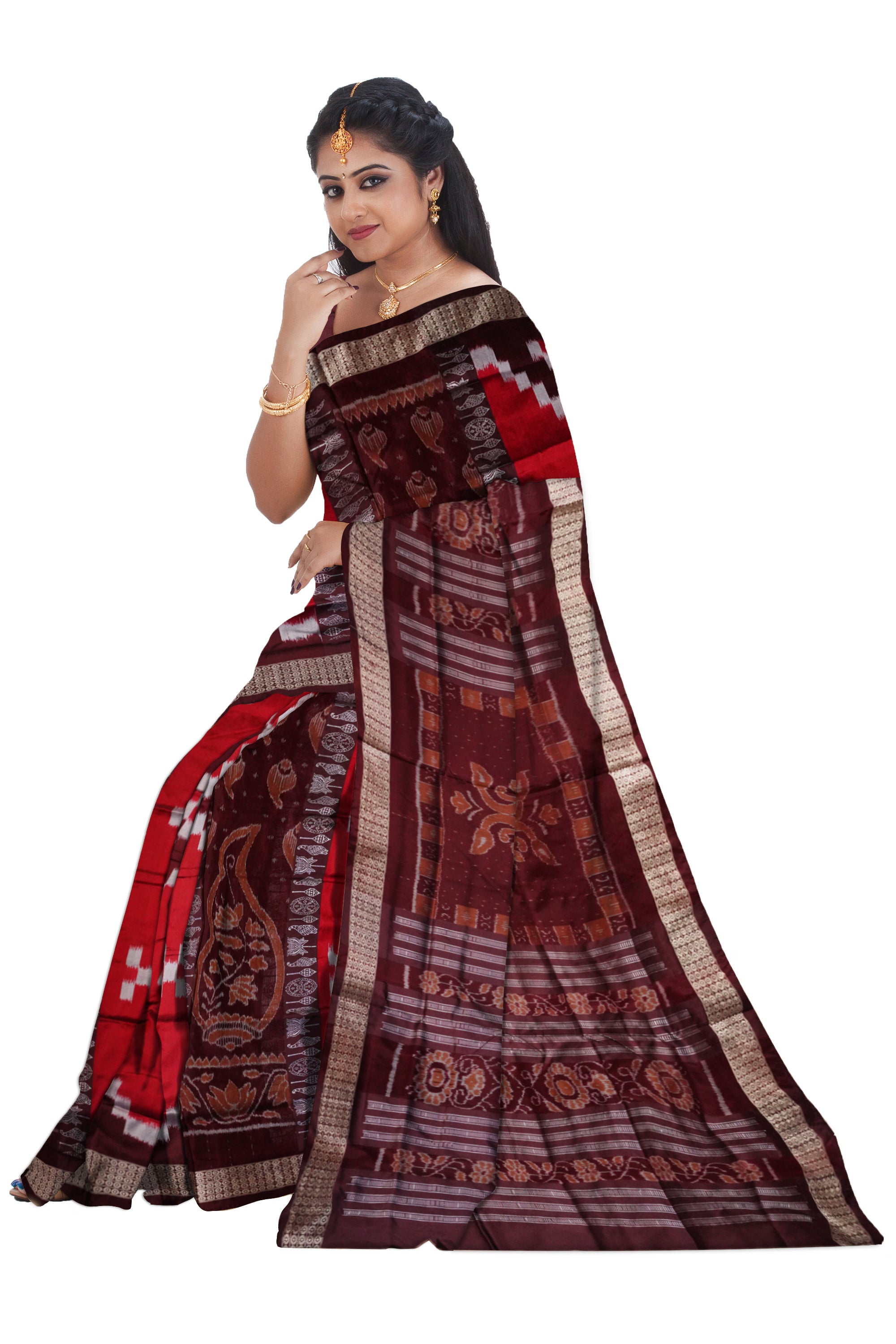 pasapali with shankha pattern pere pere design bandha pata saree in Maroon & Coffee color. - Koshali Arts & Crafts Enterprise