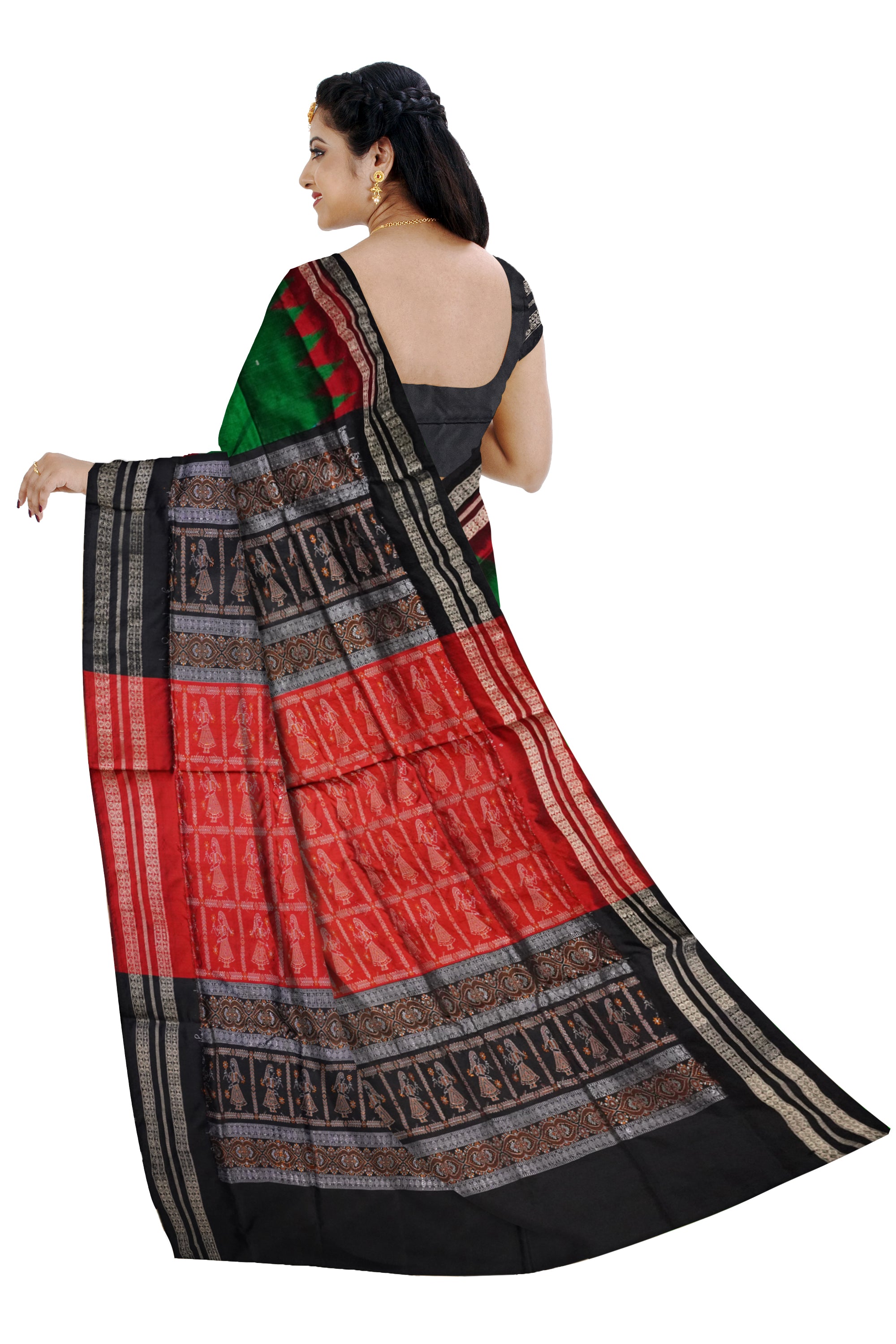 Green ,Maroon & Black color small booty pattern plain pata saree. - Koshali Arts & Crafts Enterprise