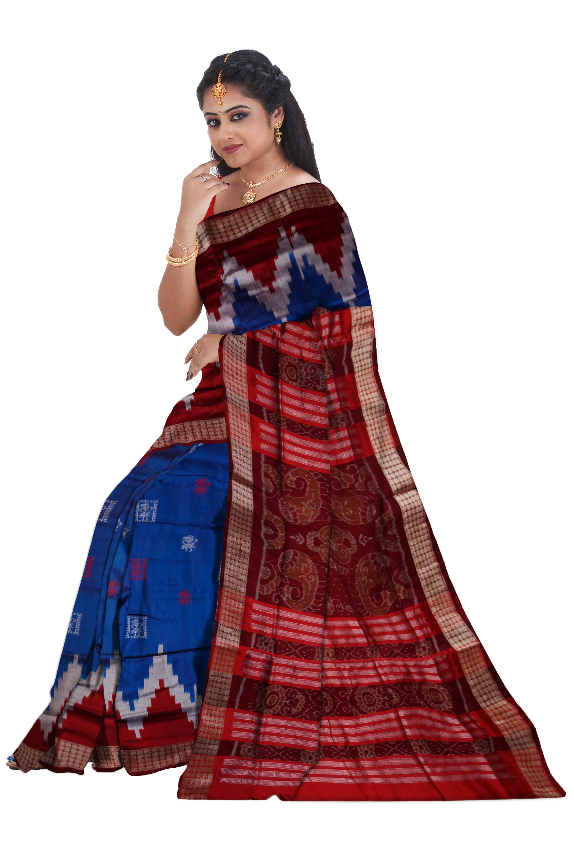 Small terracotta with ikat pattern Blue and Maroon color pata saree. - Koshali Arts & Crafts Enterprise
