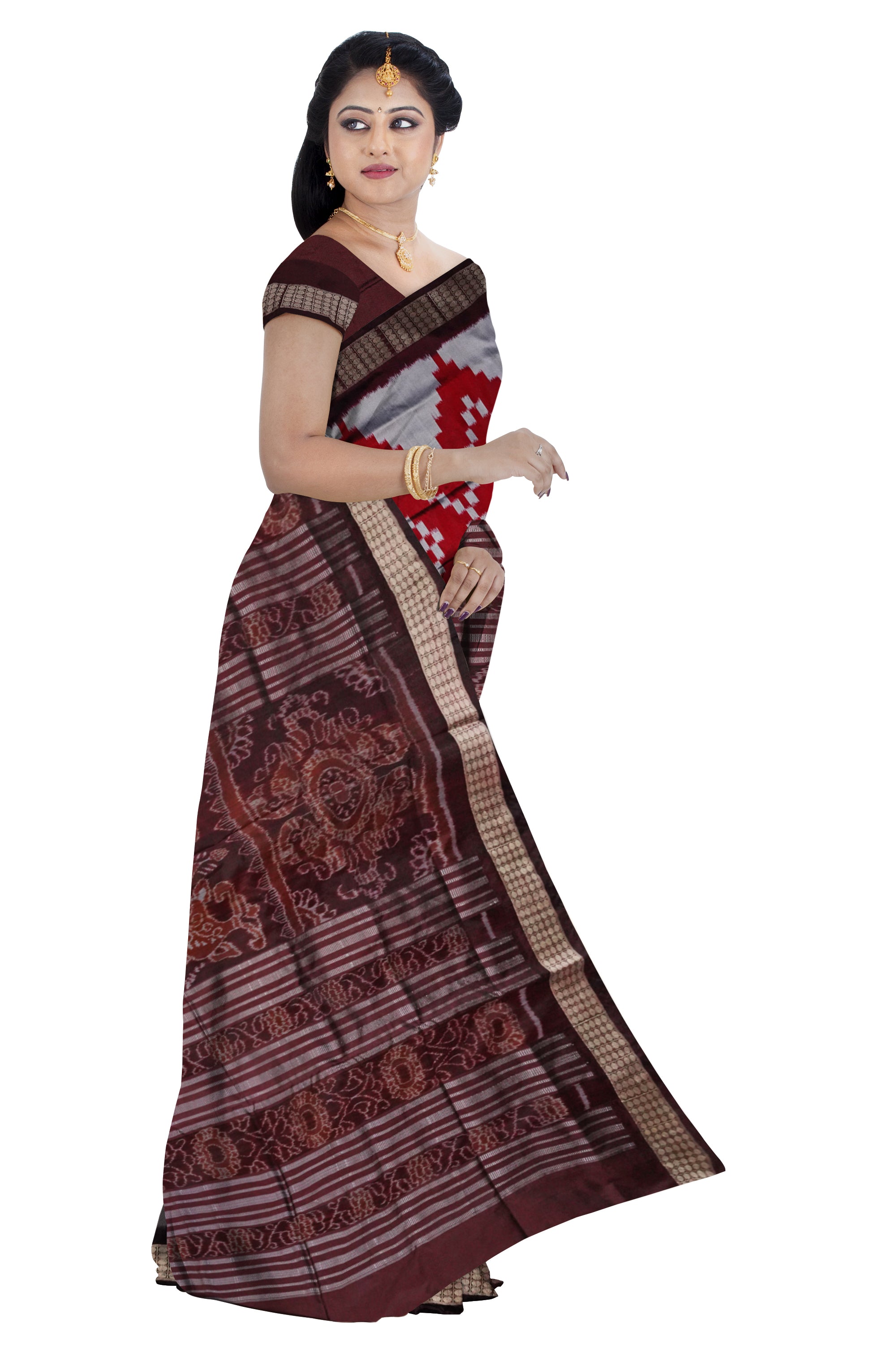 Maroon, Silver & Coffee color pasapali pattern pata saree. - Koshali Arts & Crafts Enterprise