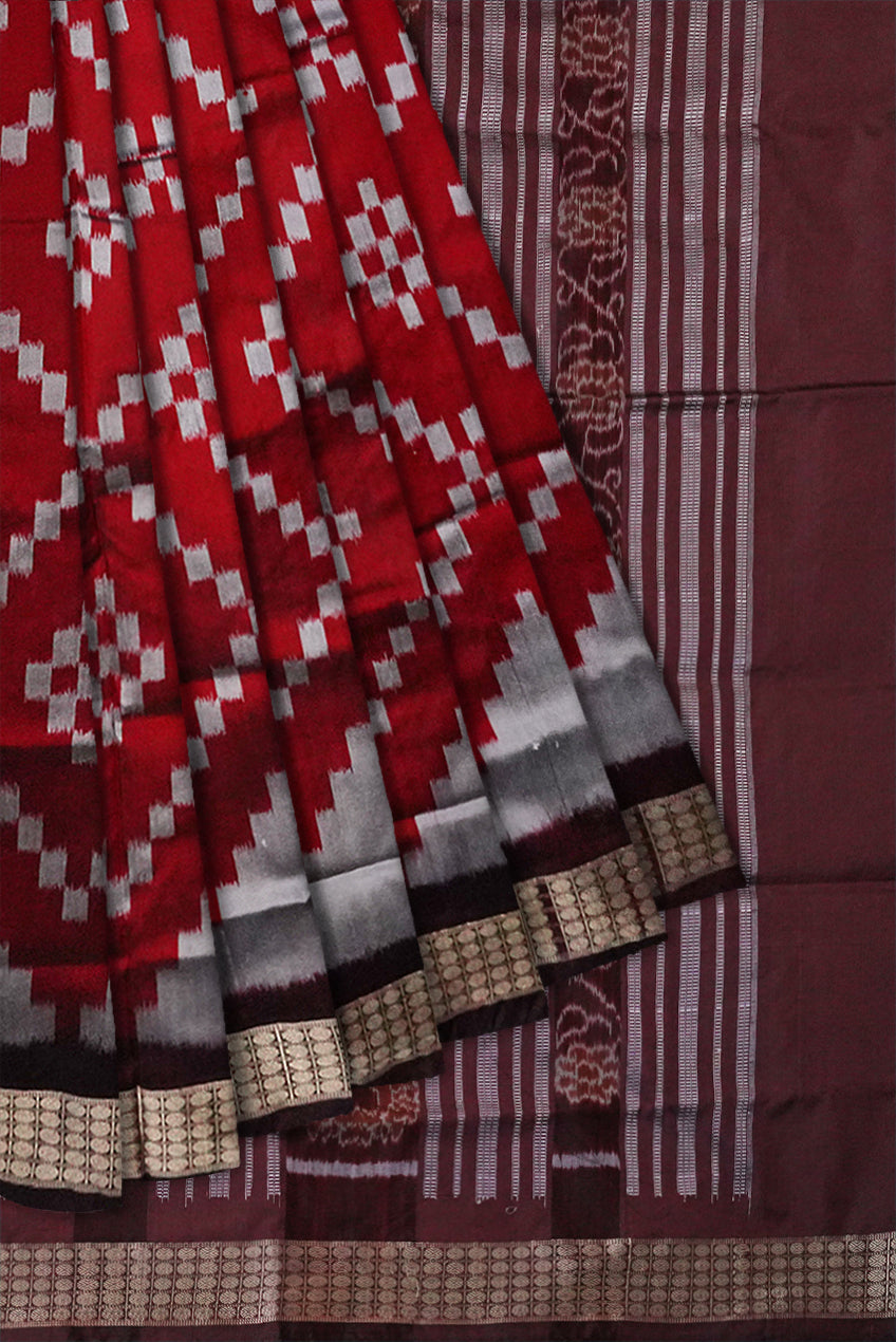 Maroon, Silver & Coffee color pasapali pattern pata saree. - Koshali Arts & Crafts Enterprise