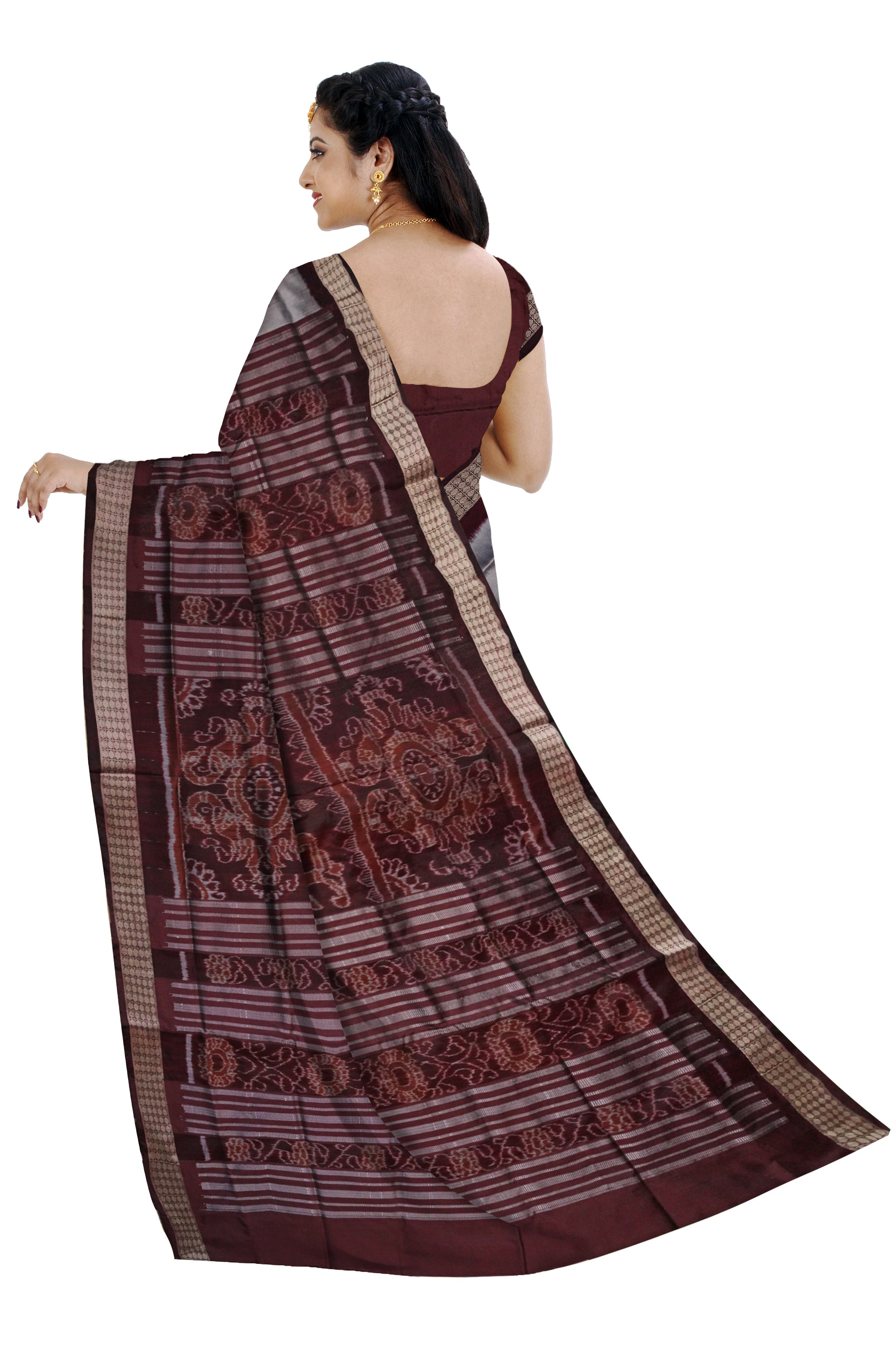 Maroon, Silver & Coffee color pasapali pattern pata saree. - Koshali Arts & Crafts Enterprise