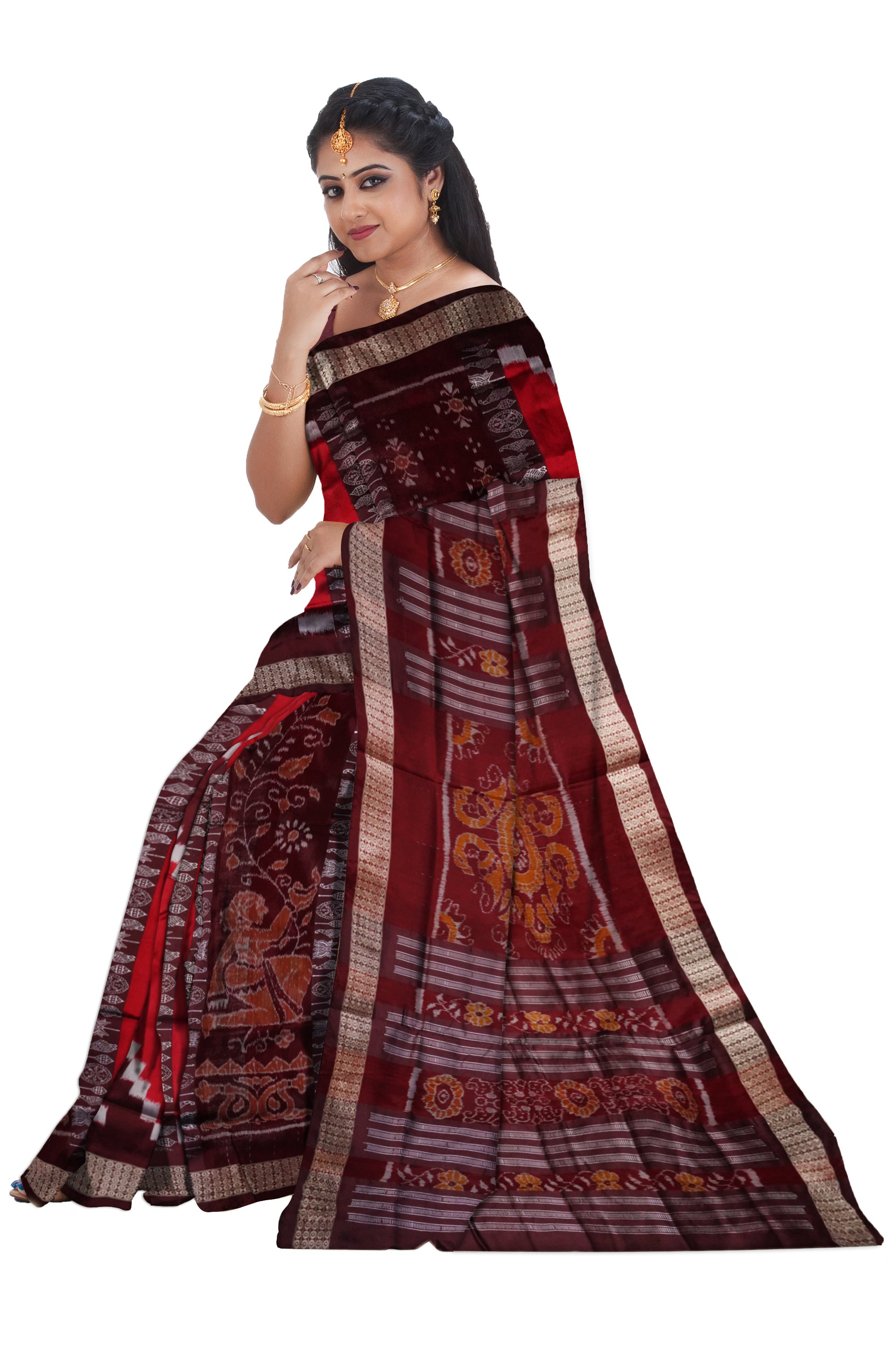 Nartaki with sapta pattern bandha design sambalpuri pata saree in Maroon & Coffee color. - Koshali Arts & Crafts Enterprise