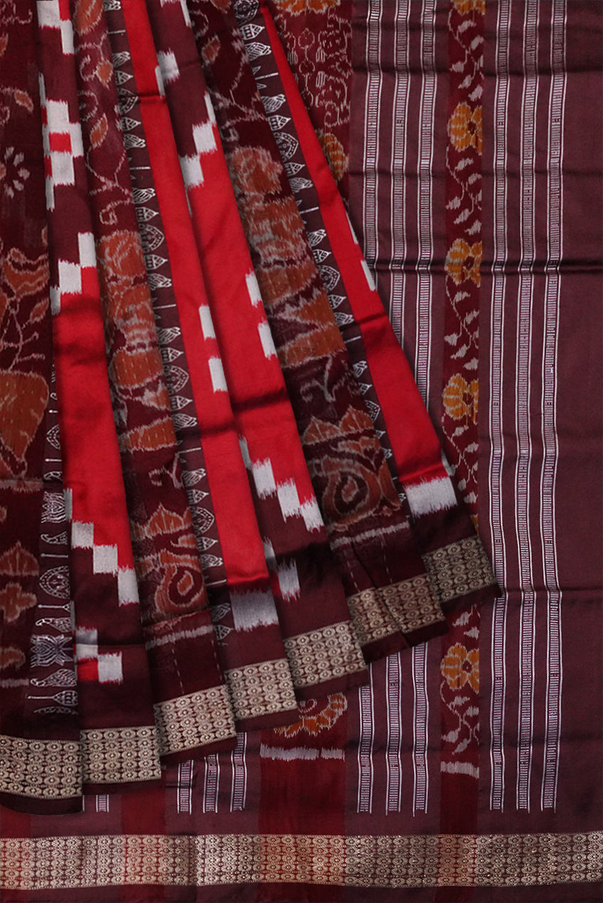 Nartaki with sapta pattern bandha design sambalpuri pata saree in Maroon & Coffee color. - Koshali Arts & Crafts Enterprise