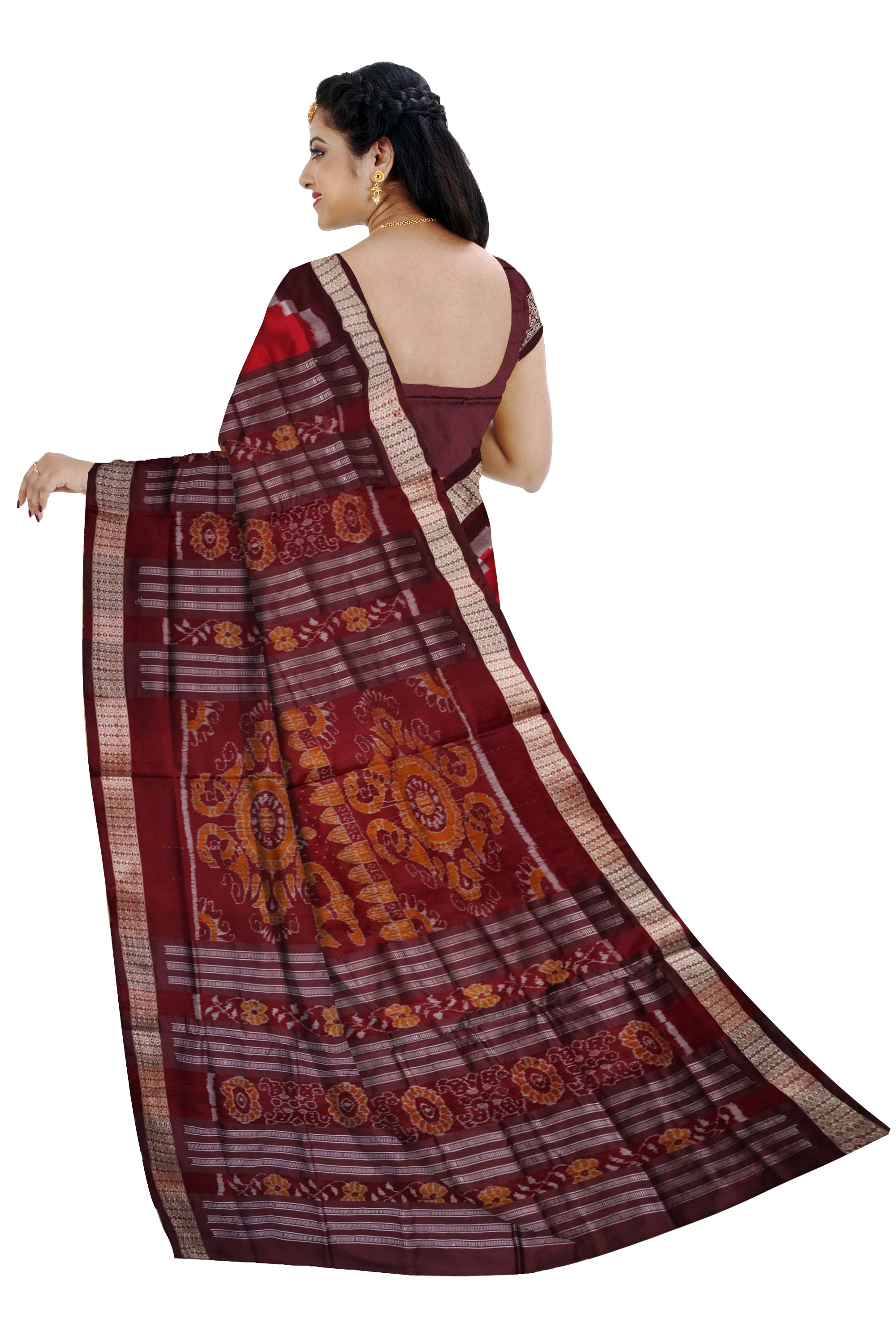 Nartaki with sapta pattern bandha design sambalpuri pata saree in Maroon & Coffee color. - Koshali Arts & Crafts Enterprise