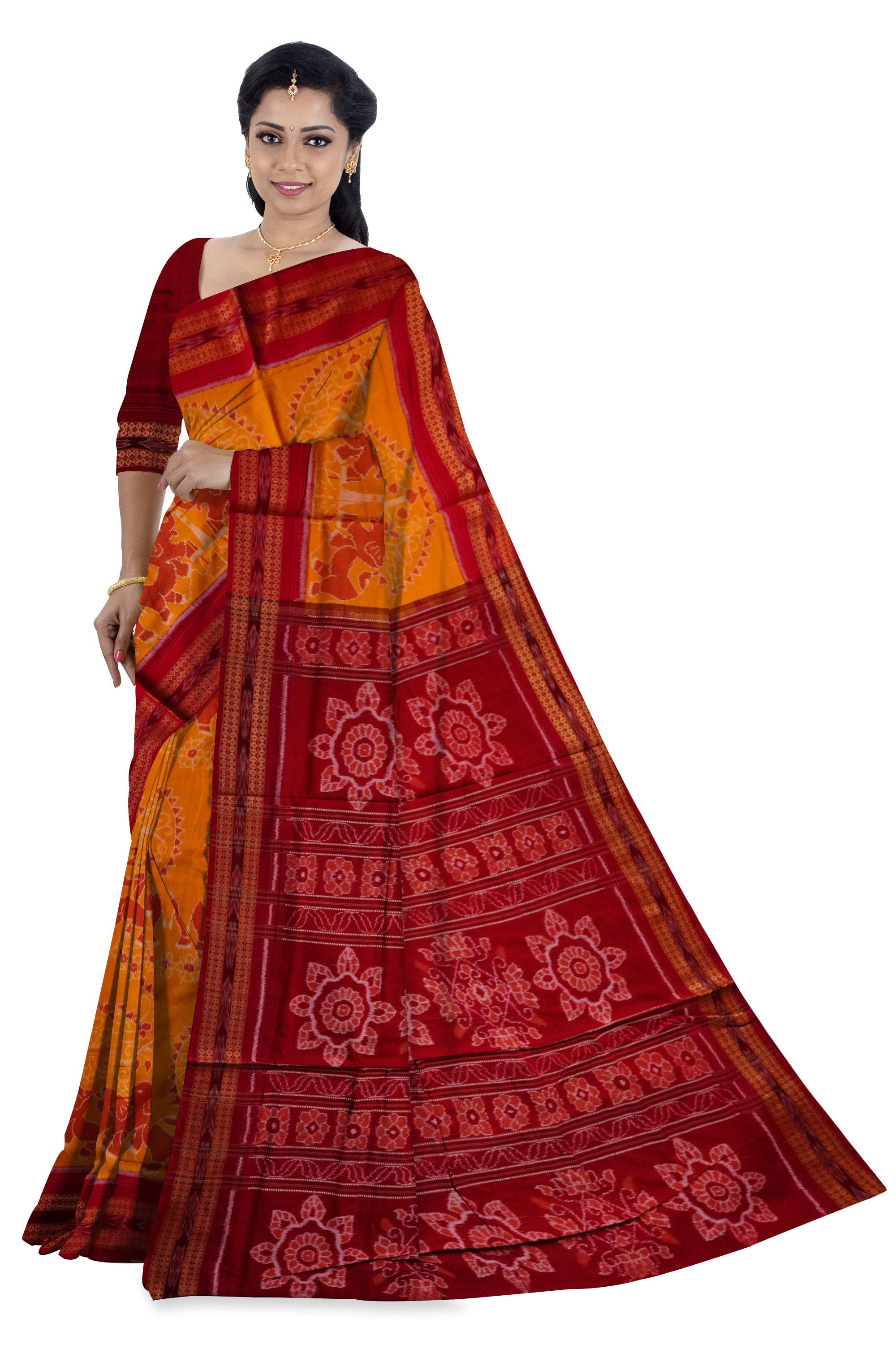 Traditional elephant pattern pure cotton saree in Yellow and maroon color. - Koshali Arts & Crafts Enterprise