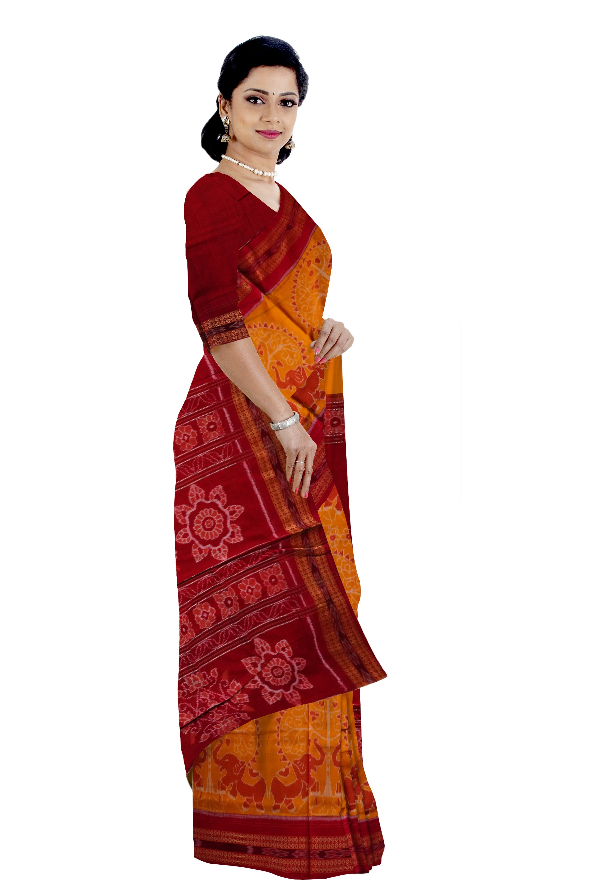 Traditional elephant pattern pure cotton saree in Yellow and maroon color. - Koshali Arts & Crafts Enterprise