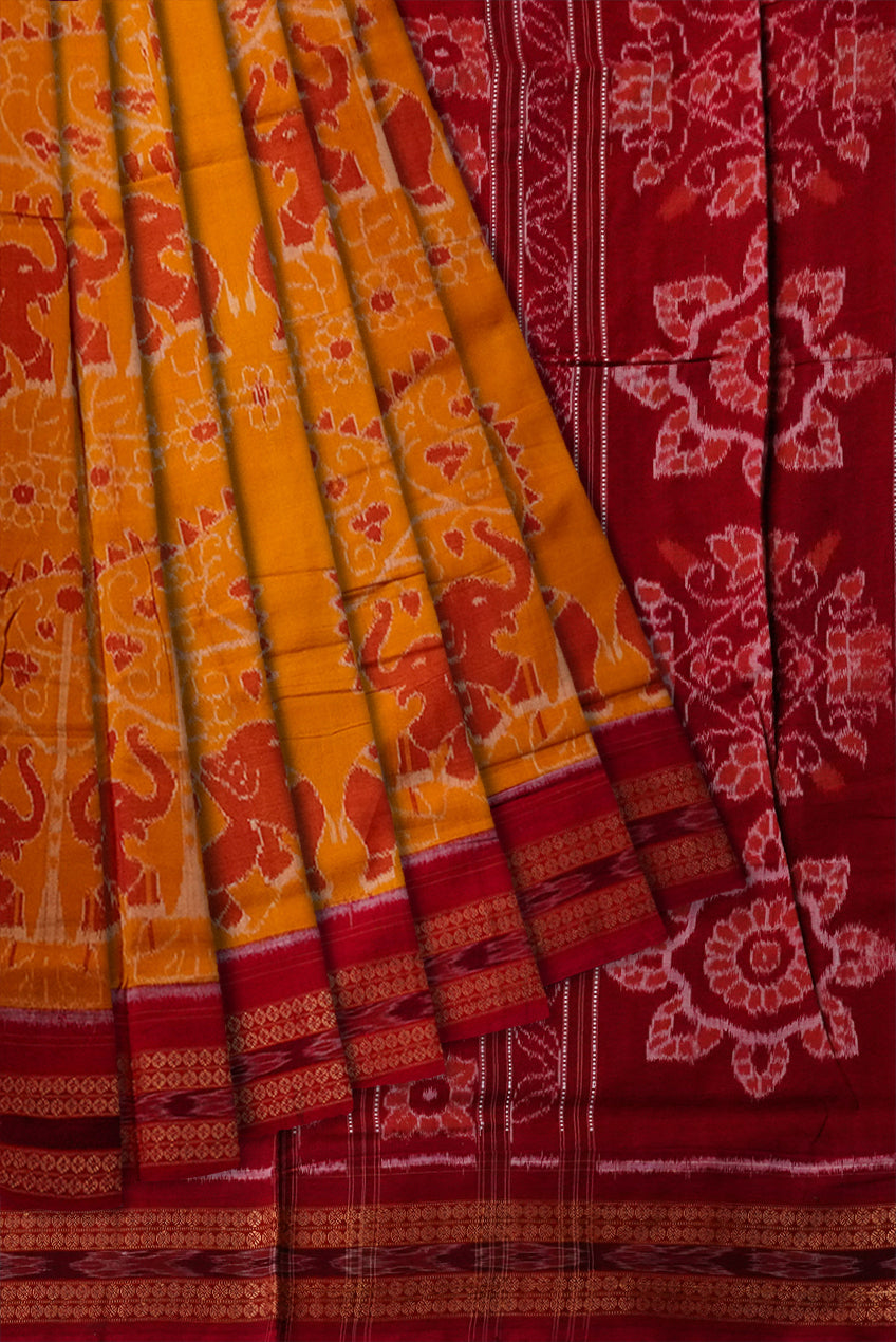 Traditional elephant pattern pure cotton saree in Yellow and maroon color. - Koshali Arts & Crafts Enterprise