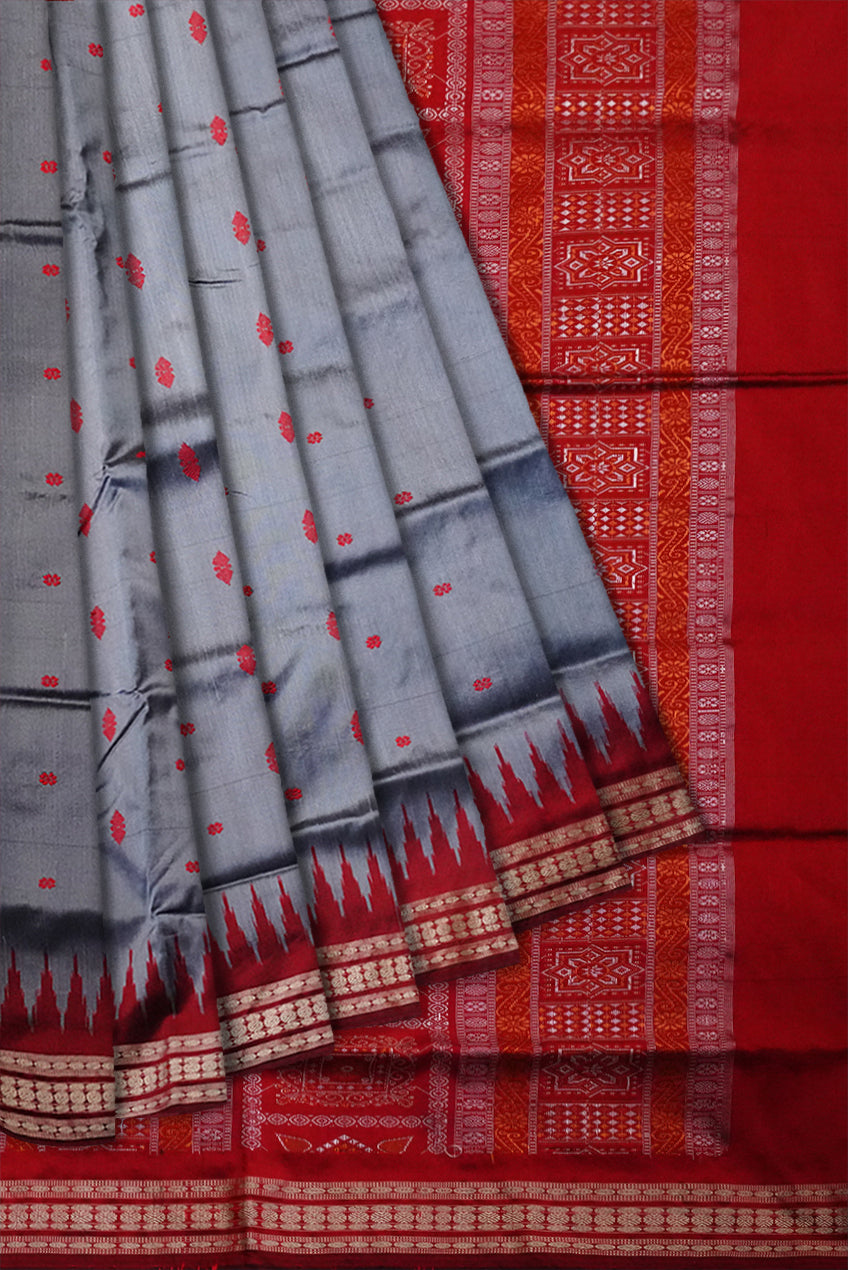 Silver & Maroon color small booty pattern plain pata saree. - Koshali Arts & Crafts Enterprise