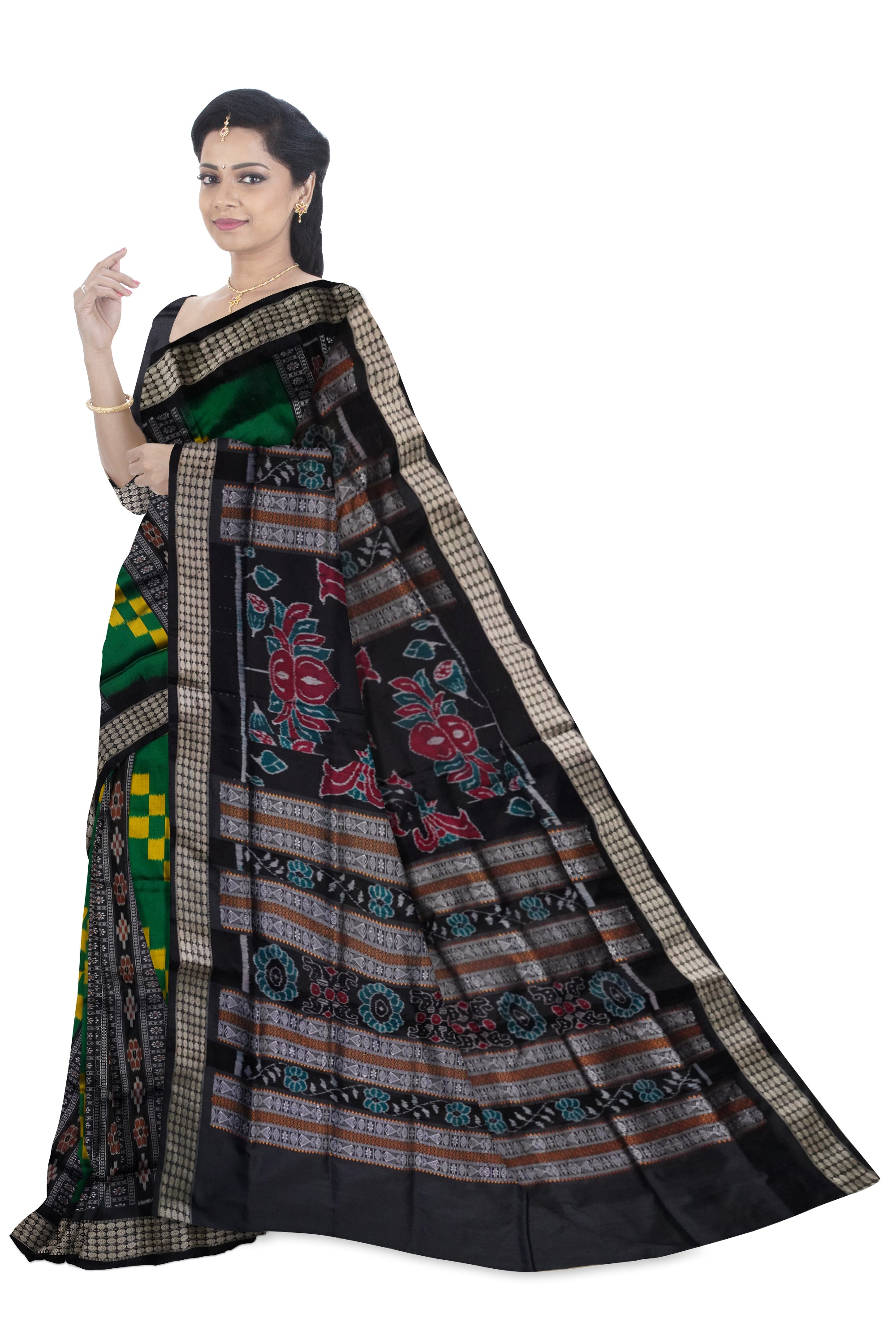 Green & Black color Sambalpuri pasapali pattern plain saree. - Koshali Arts & Crafts Enterprise