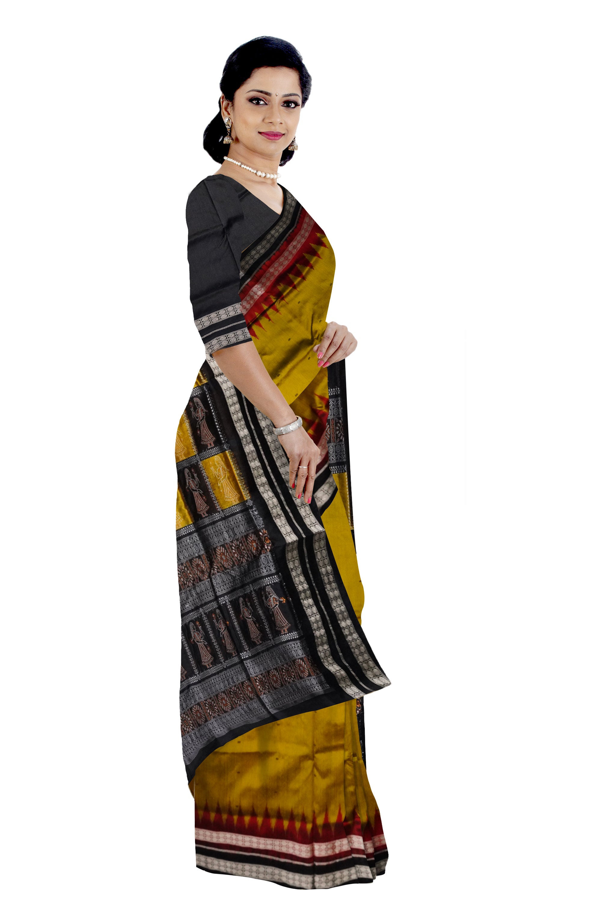 Mustard yellow ,Maroon & Black color pallu doll pattern plain pata saree. - Koshali Arts & Crafts Enterprise