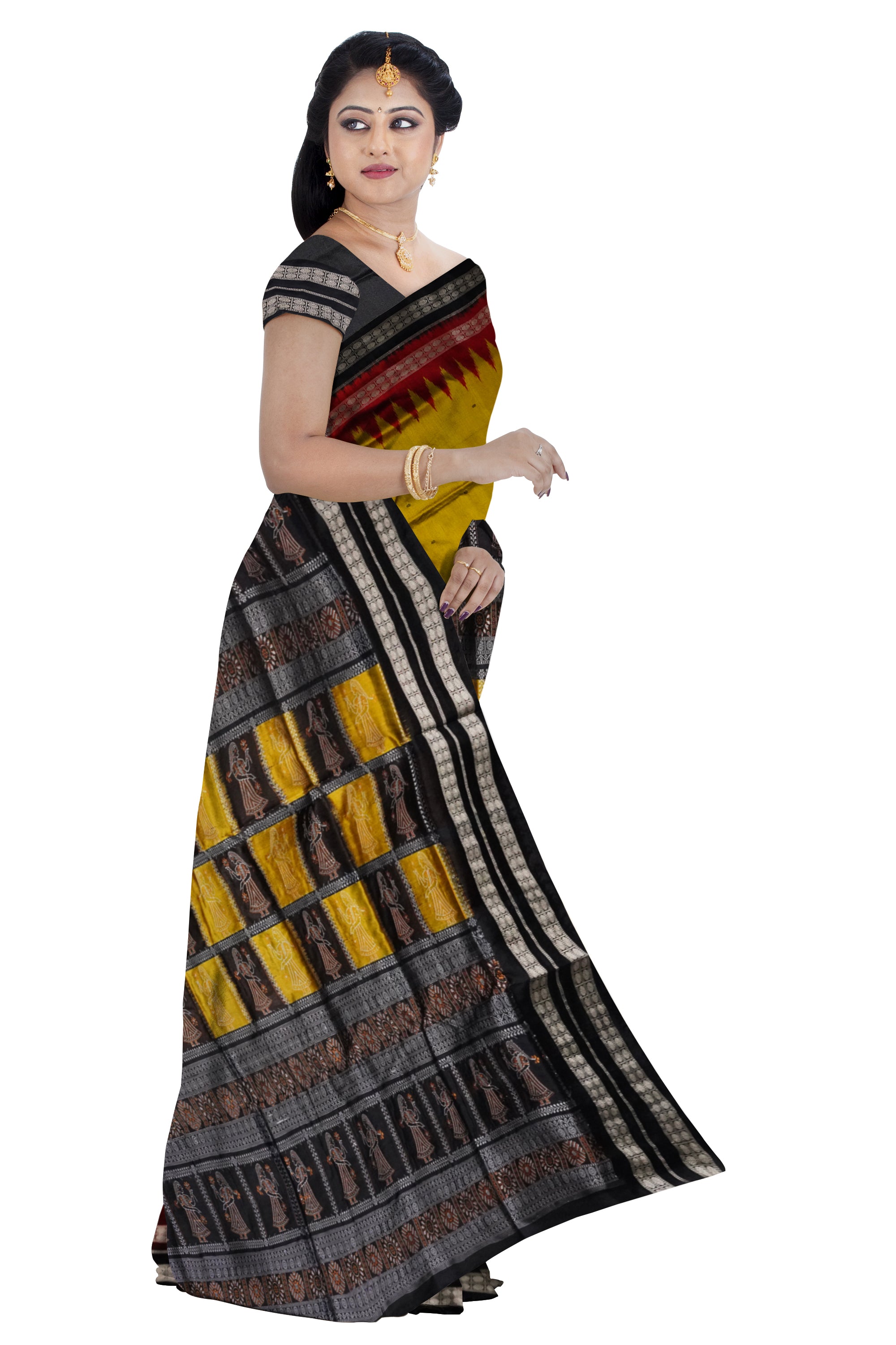 Mustard yellow ,Maroon & Black color pallu doll pattern plain pata saree. - Koshali Arts & Crafts Enterprise