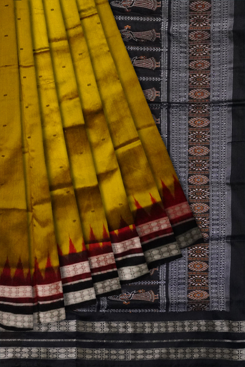 Mustard yellow ,Maroon & Black color pallu doll pattern plain pata saree. - Koshali Arts & Crafts Enterprise
