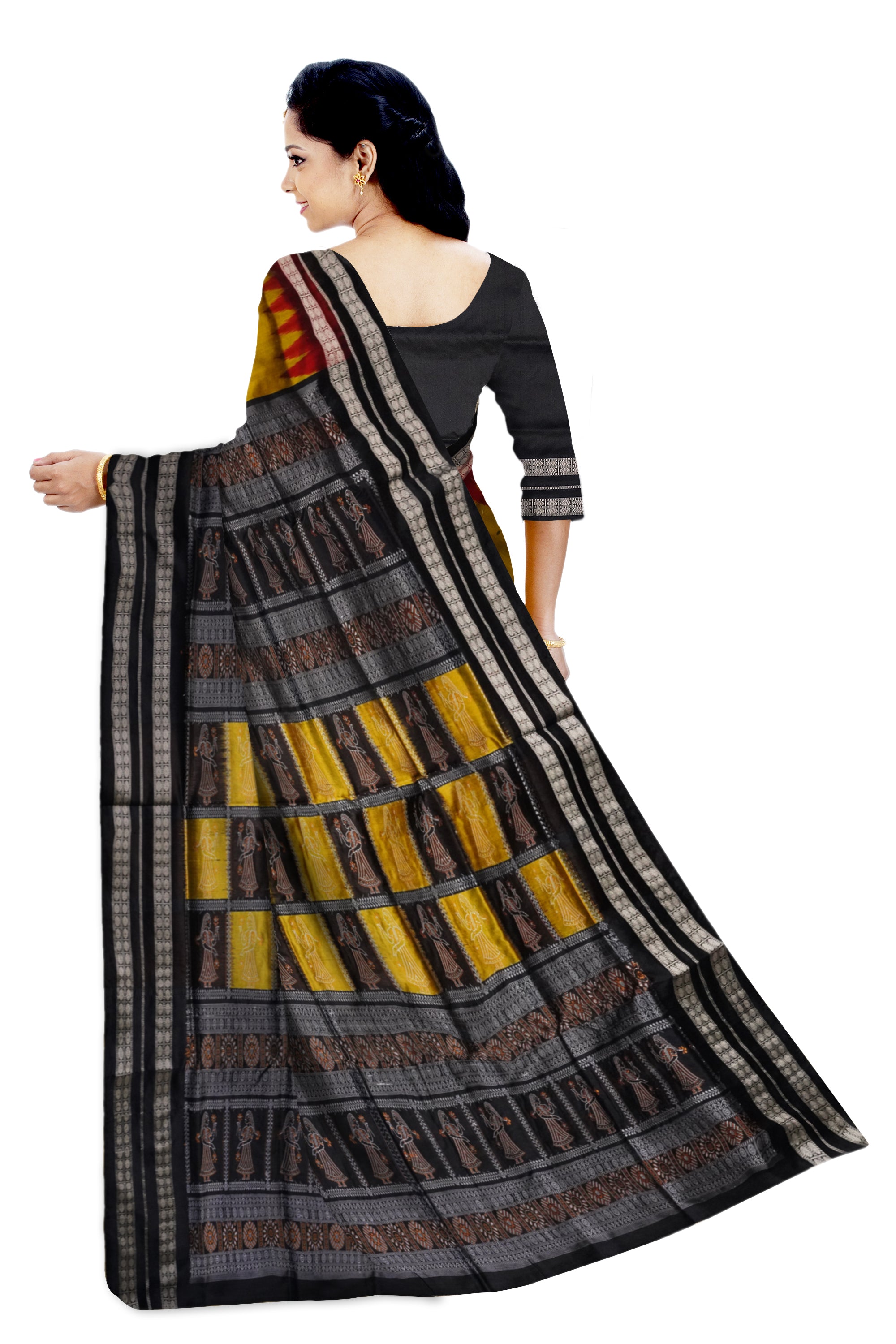 Mustard yellow ,Maroon & Black color pallu doll pattern plain pata saree. - Koshali Arts & Crafts Enterprise