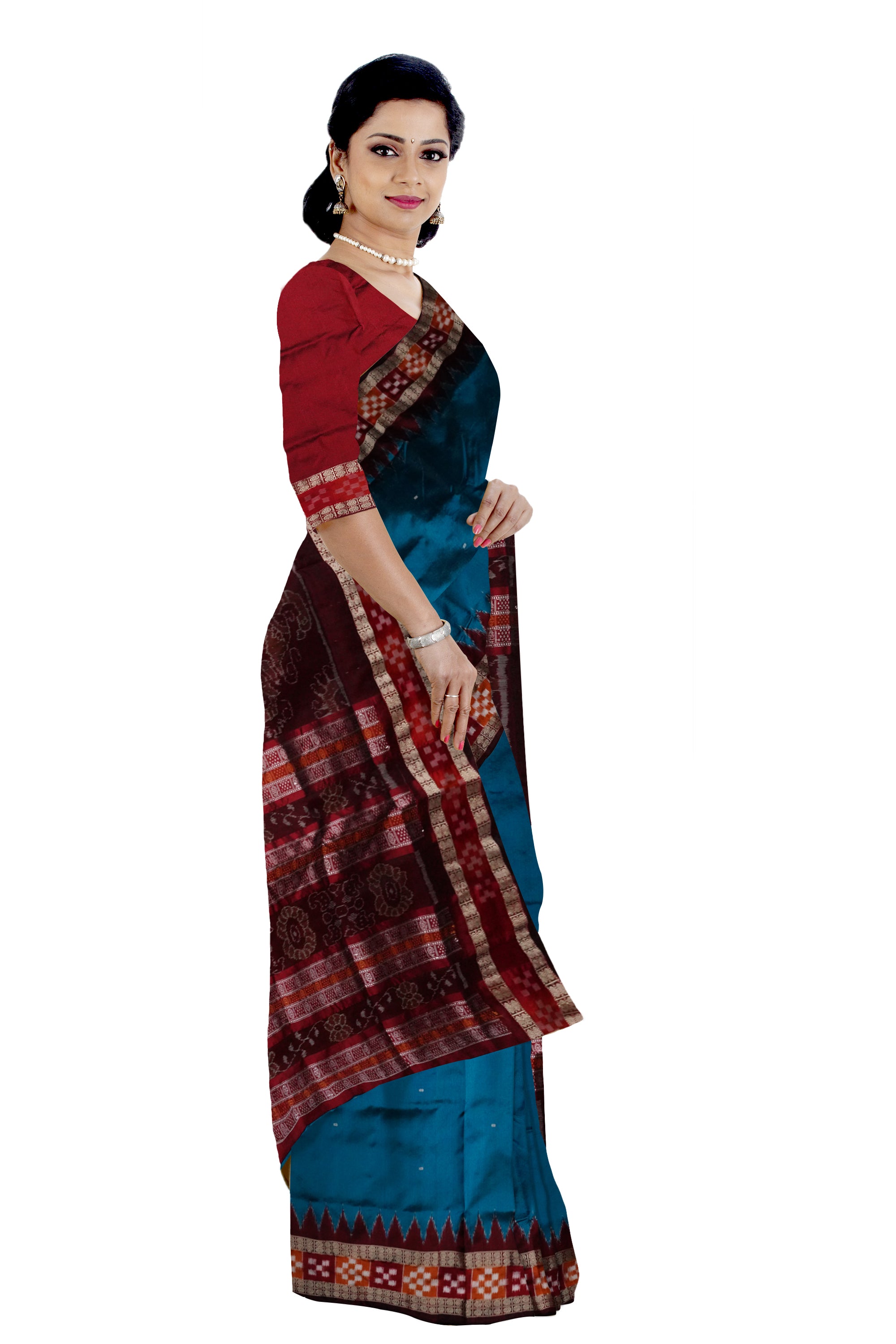 Sky blue & Maroon color dhadi pasapali Sambalpuri pata saree. - Koshali Arts & Crafts Enterprise