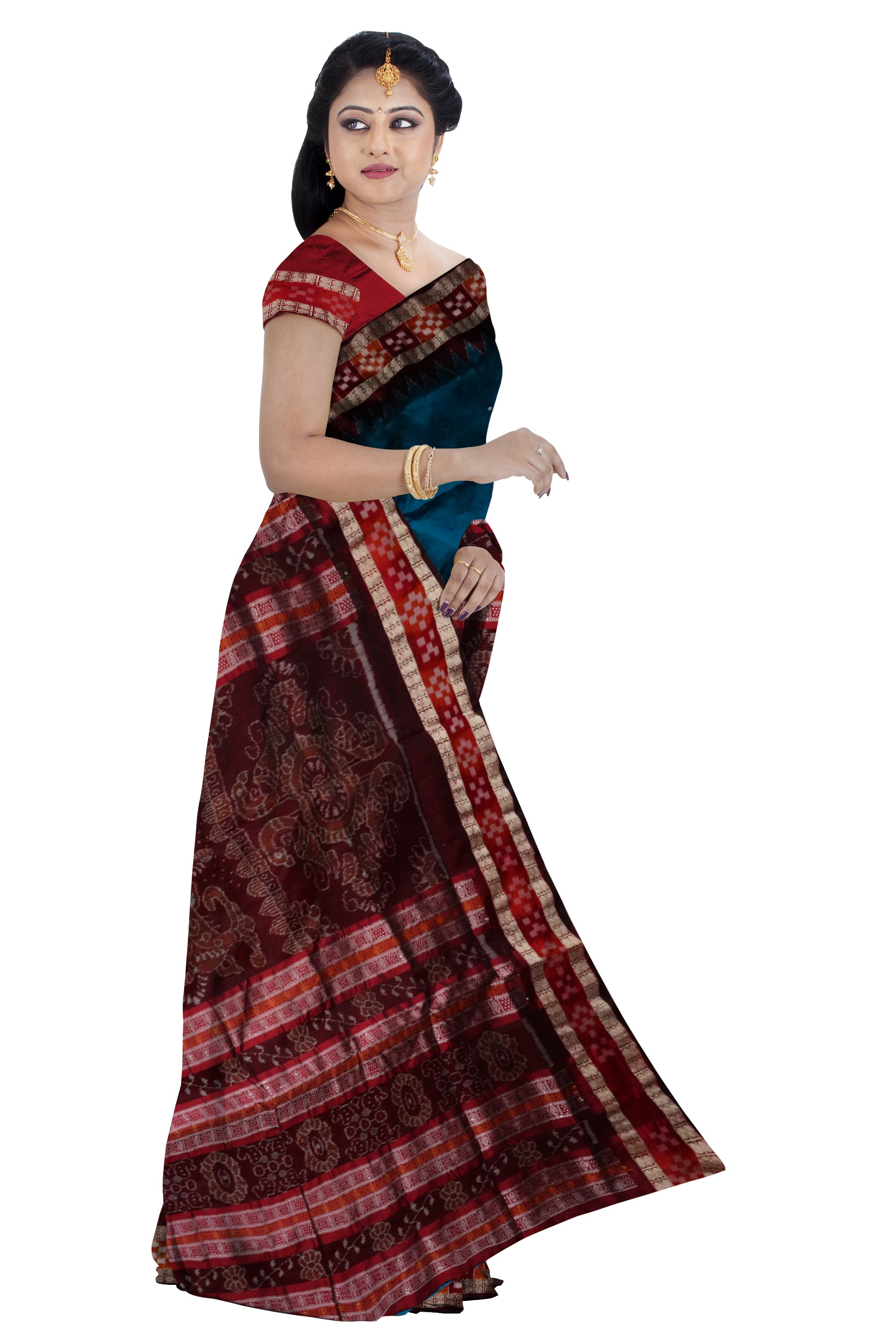 Sky blue & Maroon color dhadi pasapali Sambalpuri pata saree. - Koshali Arts & Crafts Enterprise