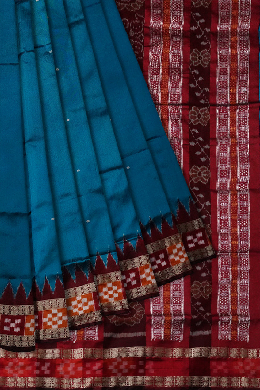 Sky blue & Maroon color dhadi pasapali Sambalpuri pata saree. - Koshali Arts & Crafts Enterprise