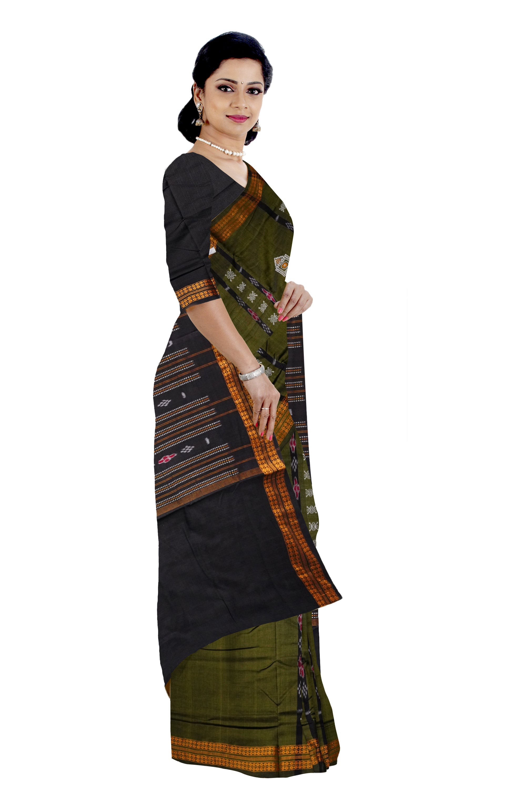 Traditional Bomkei pattern pure cotton saree in Mehndi & Black color. - Koshali Arts & Crafts Enterprise
