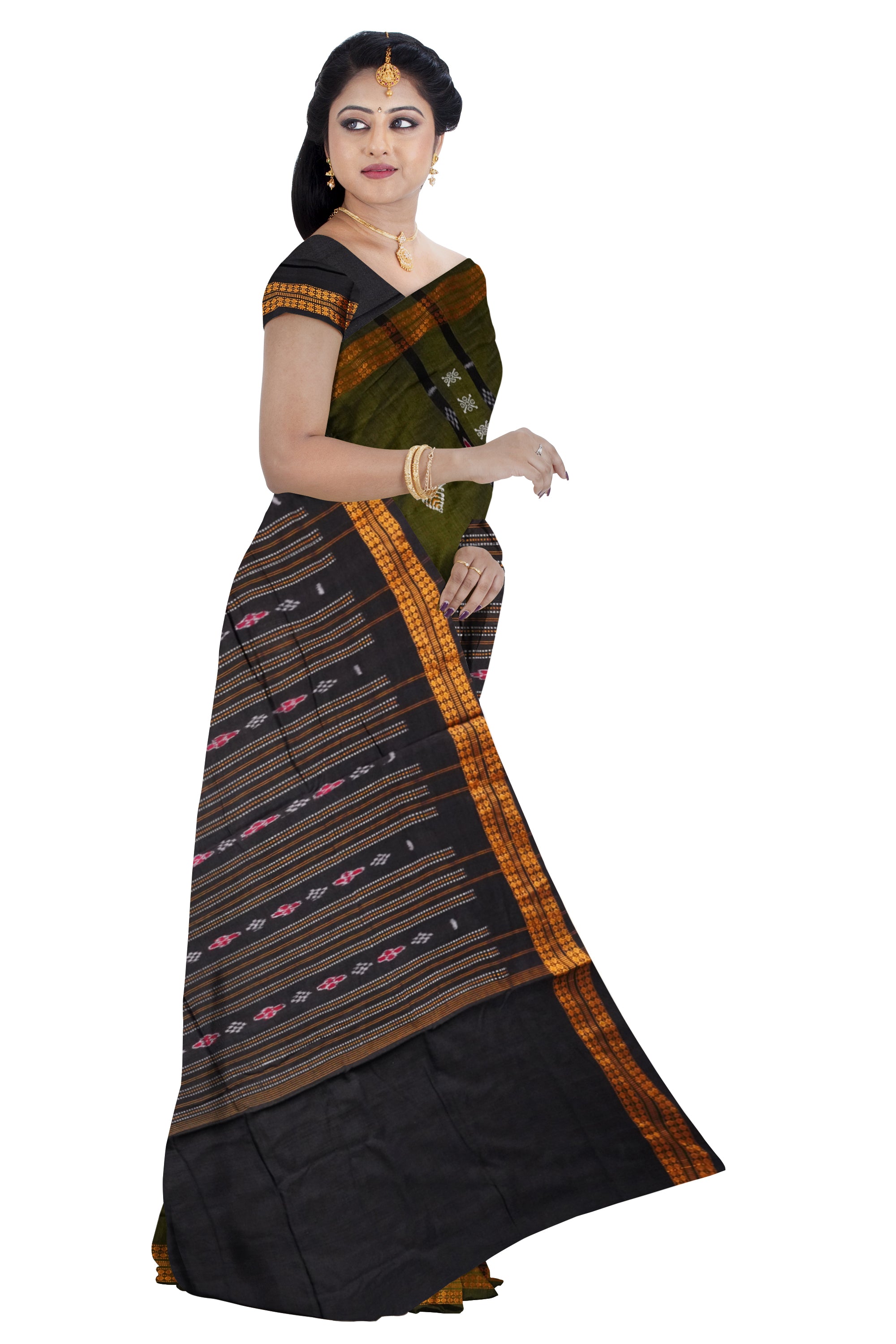 Traditional Bomkei pattern pure cotton saree in Mehndi & Black color. - Koshali Arts & Crafts Enterprise