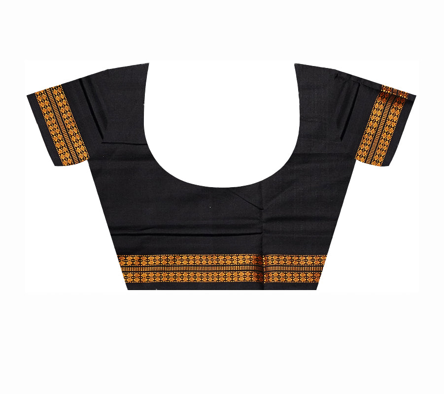 Traditional Bomkei pattern pure cotton saree in Mehndi & Black color. - Koshali Arts & Crafts Enterprise