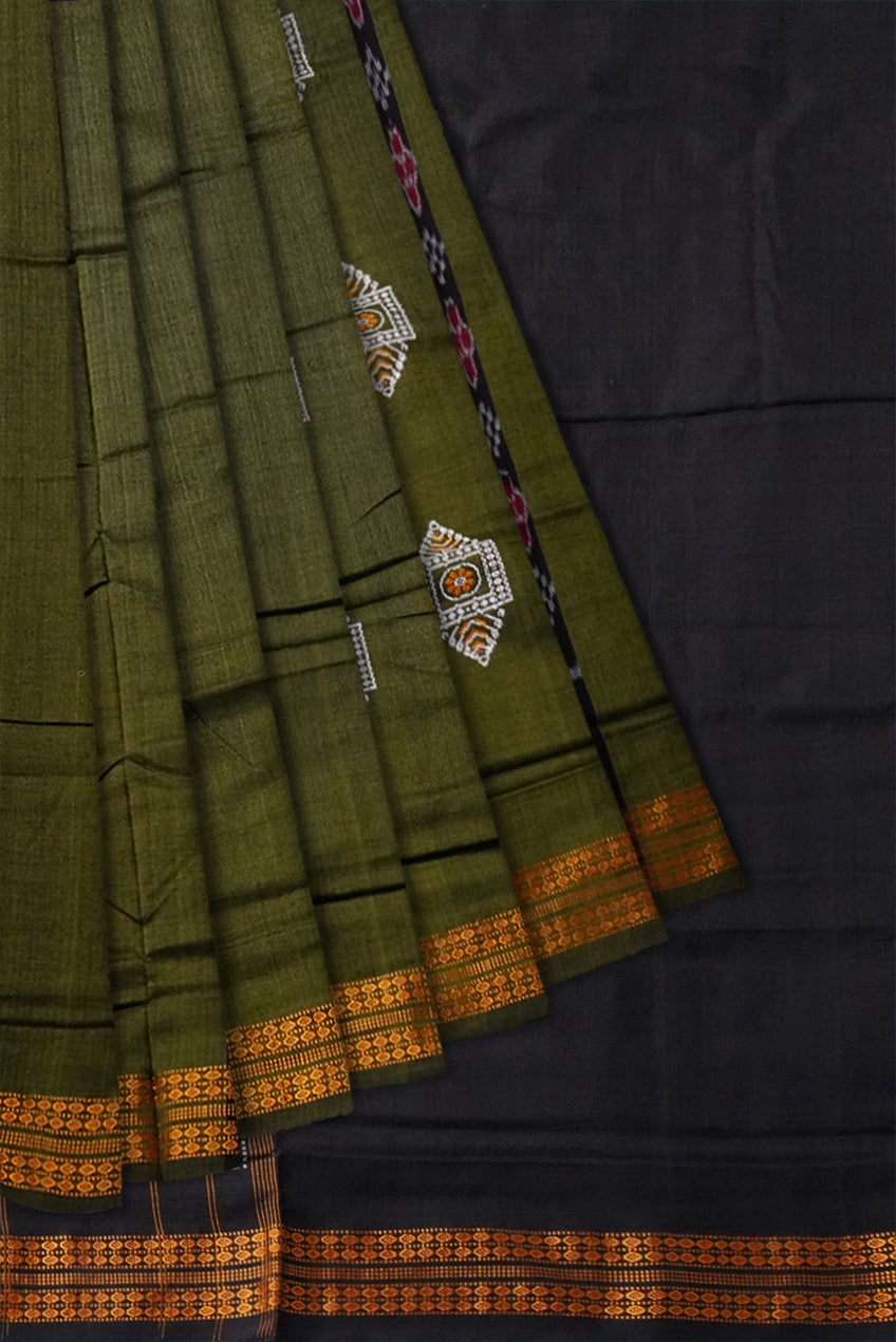 Traditional Bomkei pattern pure cotton saree in Mehndi & Black color. - Koshali Arts & Crafts Enterprise