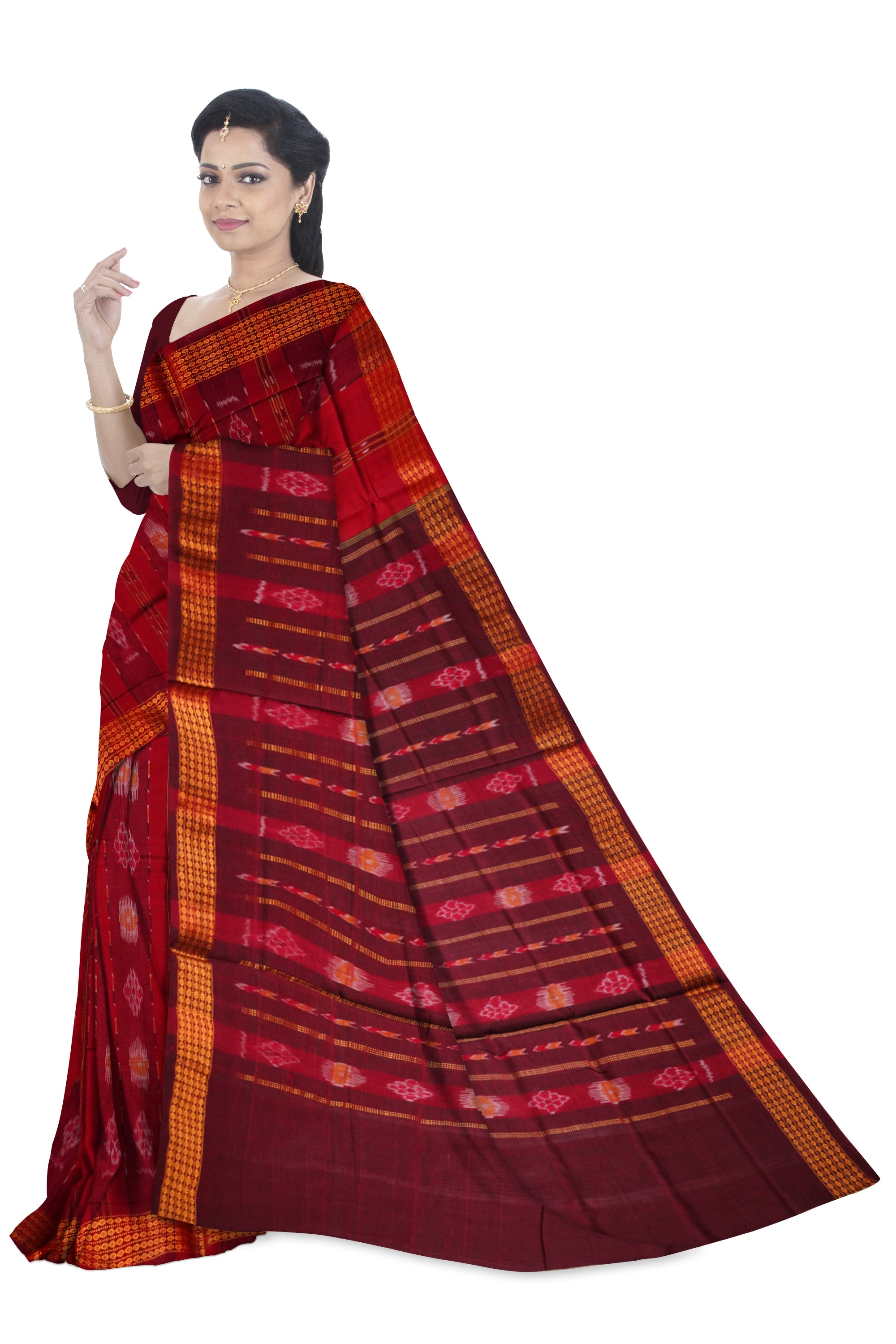 Maroon and Coffee color flower pattern cotton saree. - Koshali Arts & Crafts Enterprise