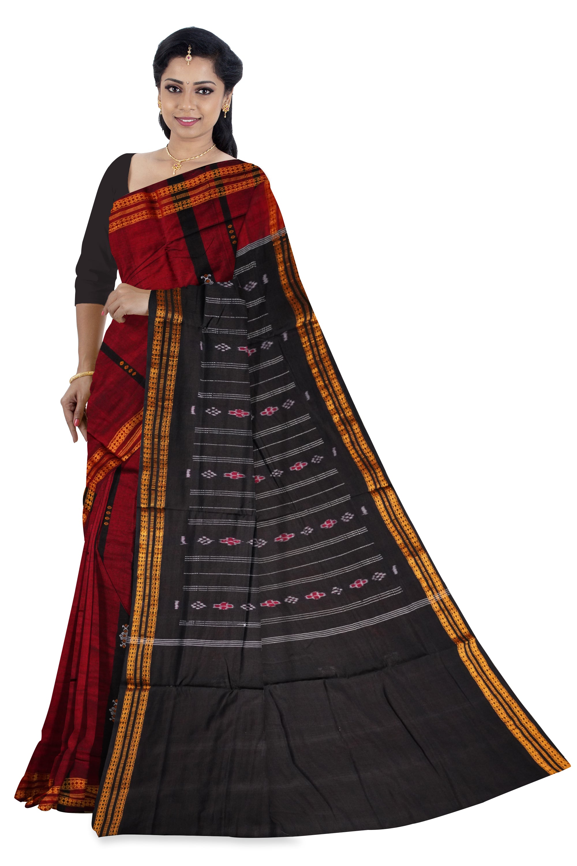 Maroon & Black bomkei design cotton saree. - Koshali Arts & Crafts Enterprise