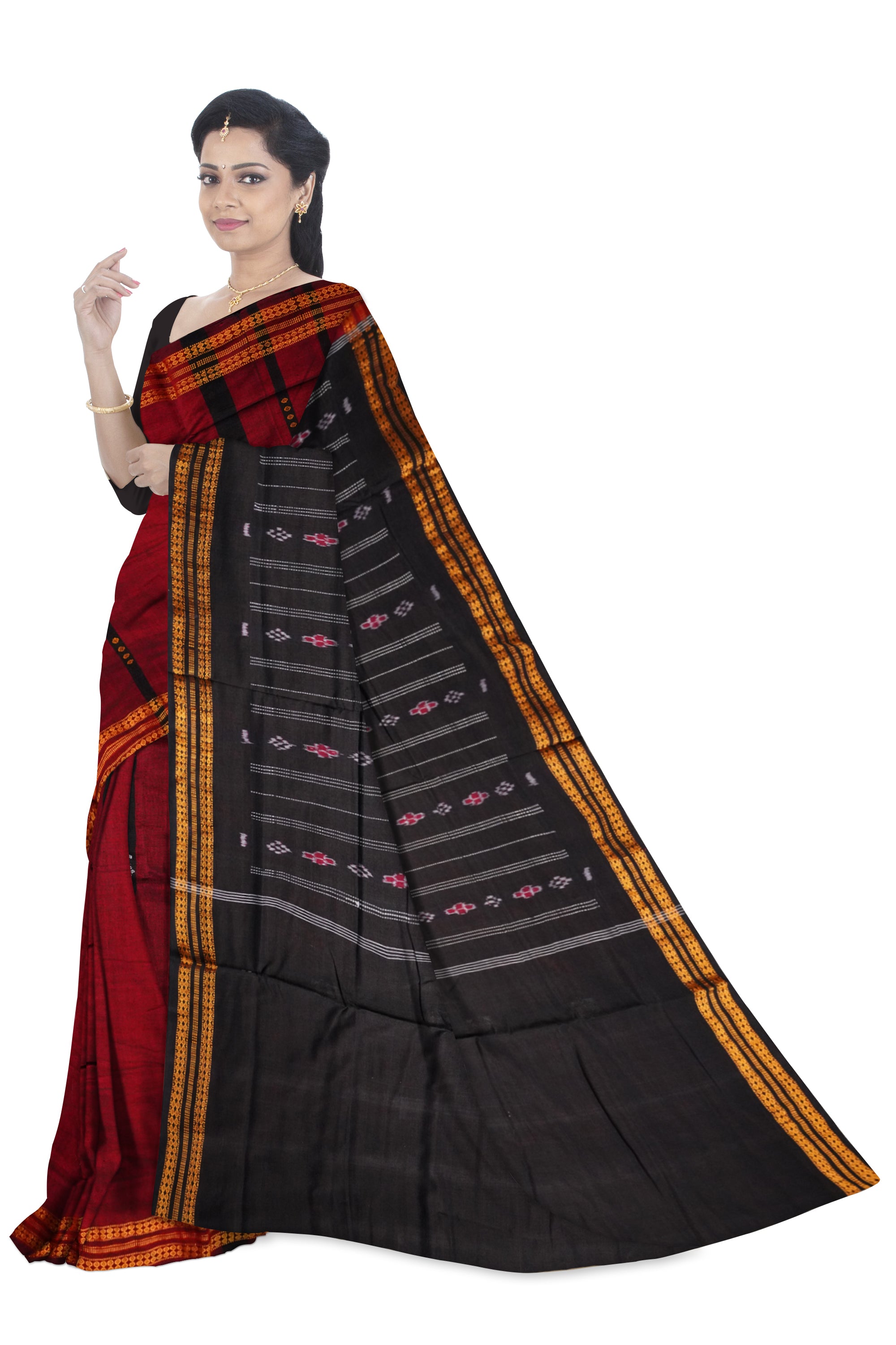 Maroon & Black bomkei design cotton saree. - Koshali Arts & Crafts Enterprise