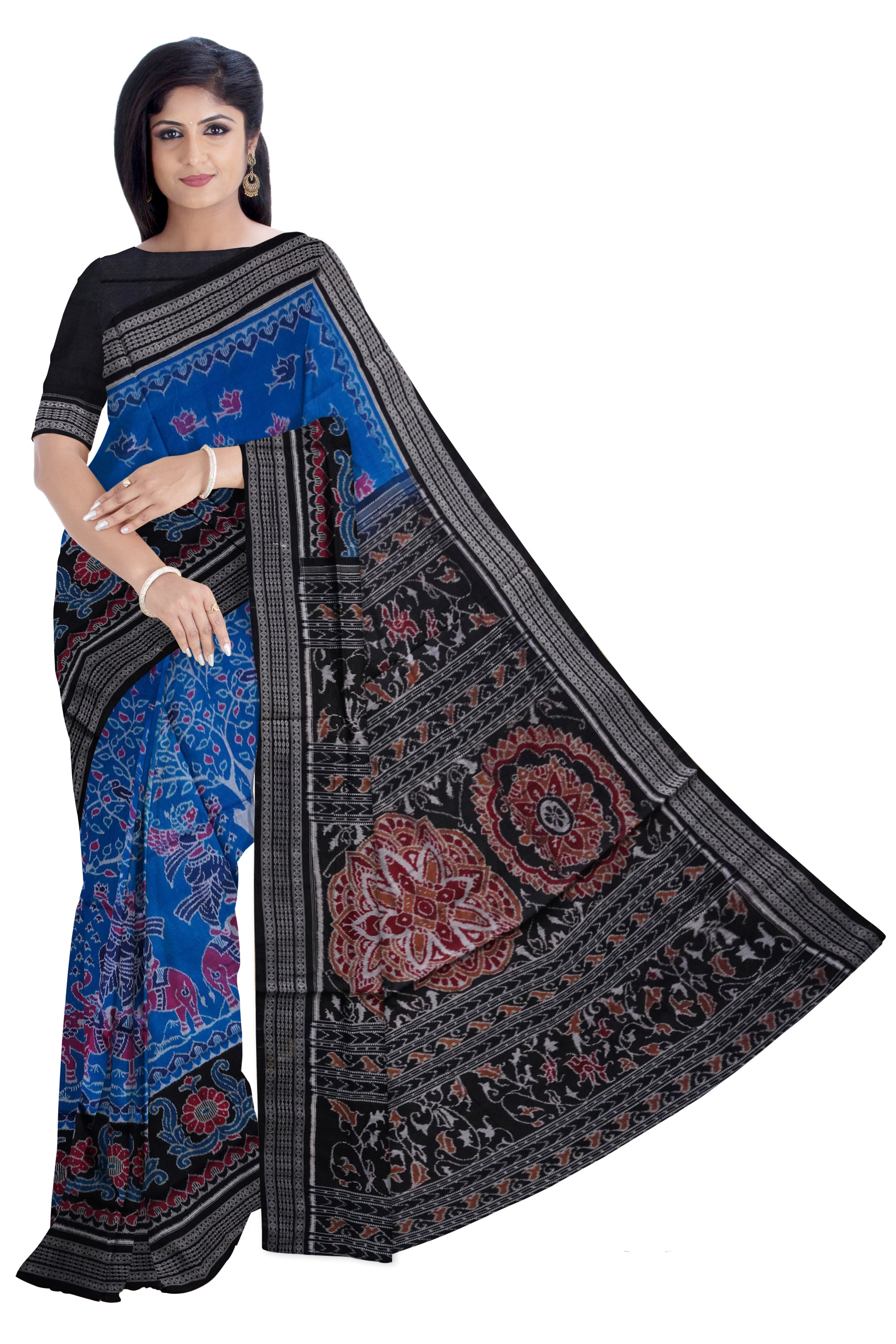 Sky and Black colour with bandha design full body work Sambalpuri cotton saree. - Koshali Arts & Crafts Enterprise