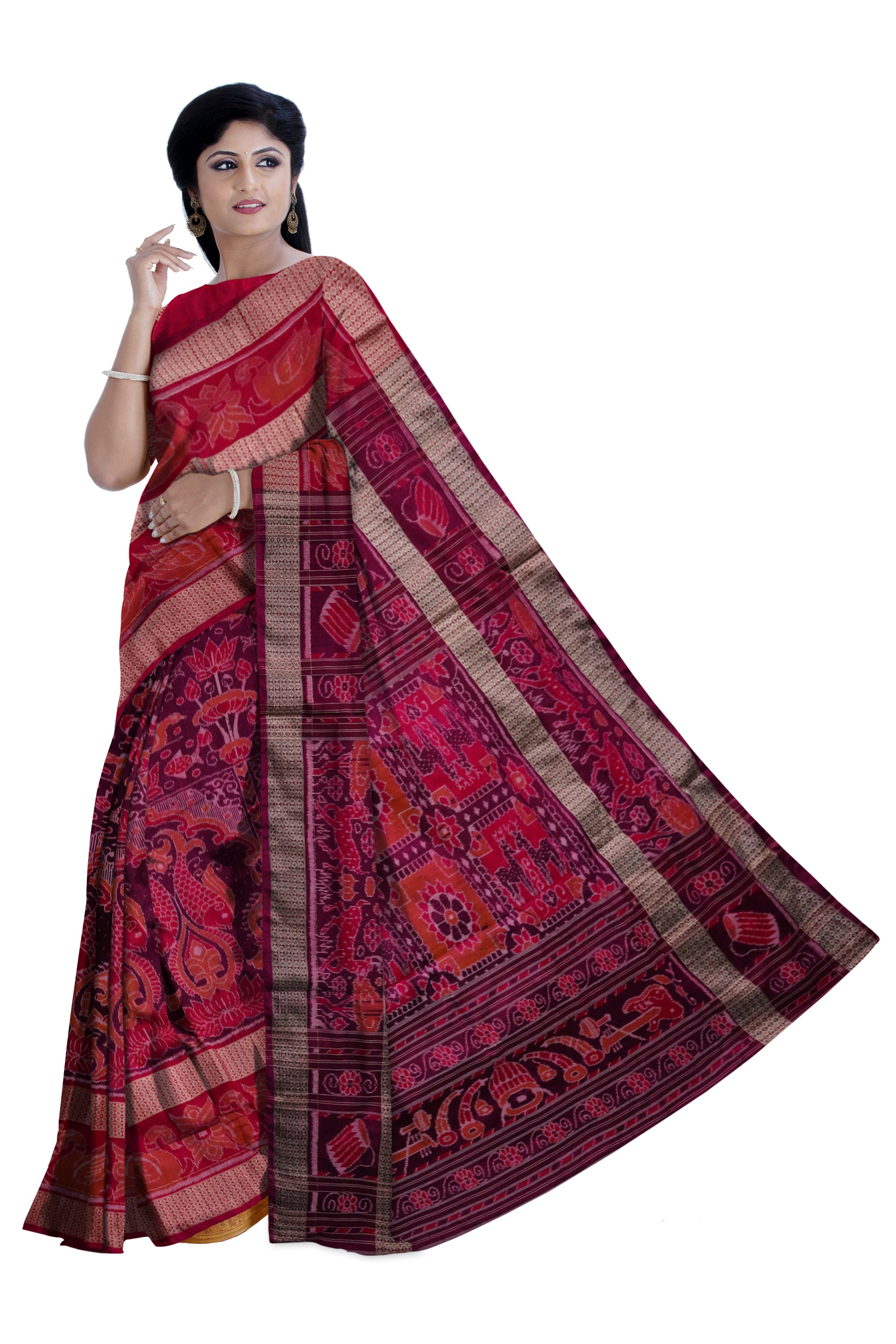 Light purple and red color wit big border and full body bandha sambalpuri (cotton and silk mix)Bapta saree. - Koshali Arts & Crafts Enterprise
