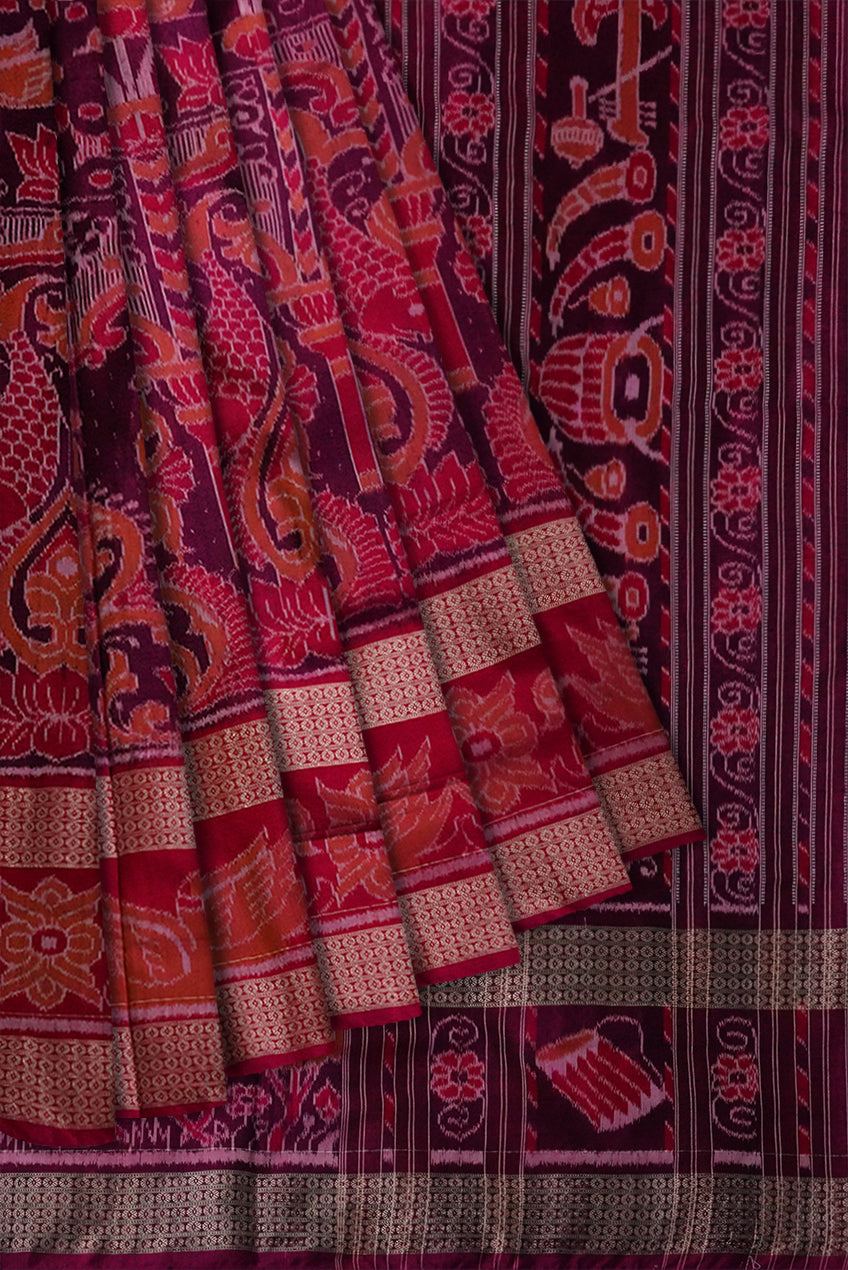 Light purple and red color wit big border and full body bandha sambalpuri (cotton and silk mix)Bapta saree. - Koshali Arts & Crafts Enterprise