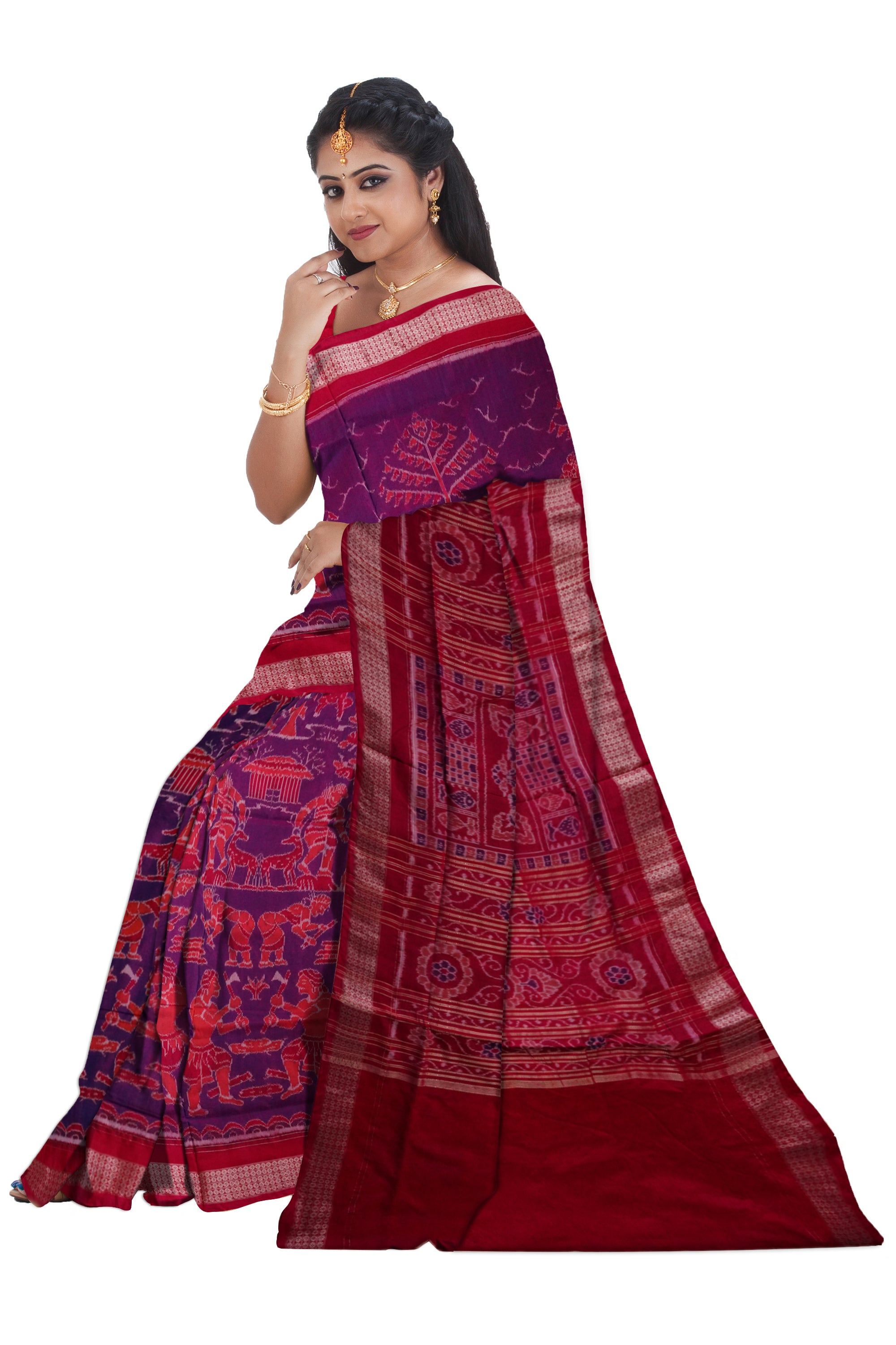 Traditional village pattern Sambalpuri bapta saree with pata border in light purple, orange and its pallu is red color. - Koshali Arts & Crafts Enterprise
