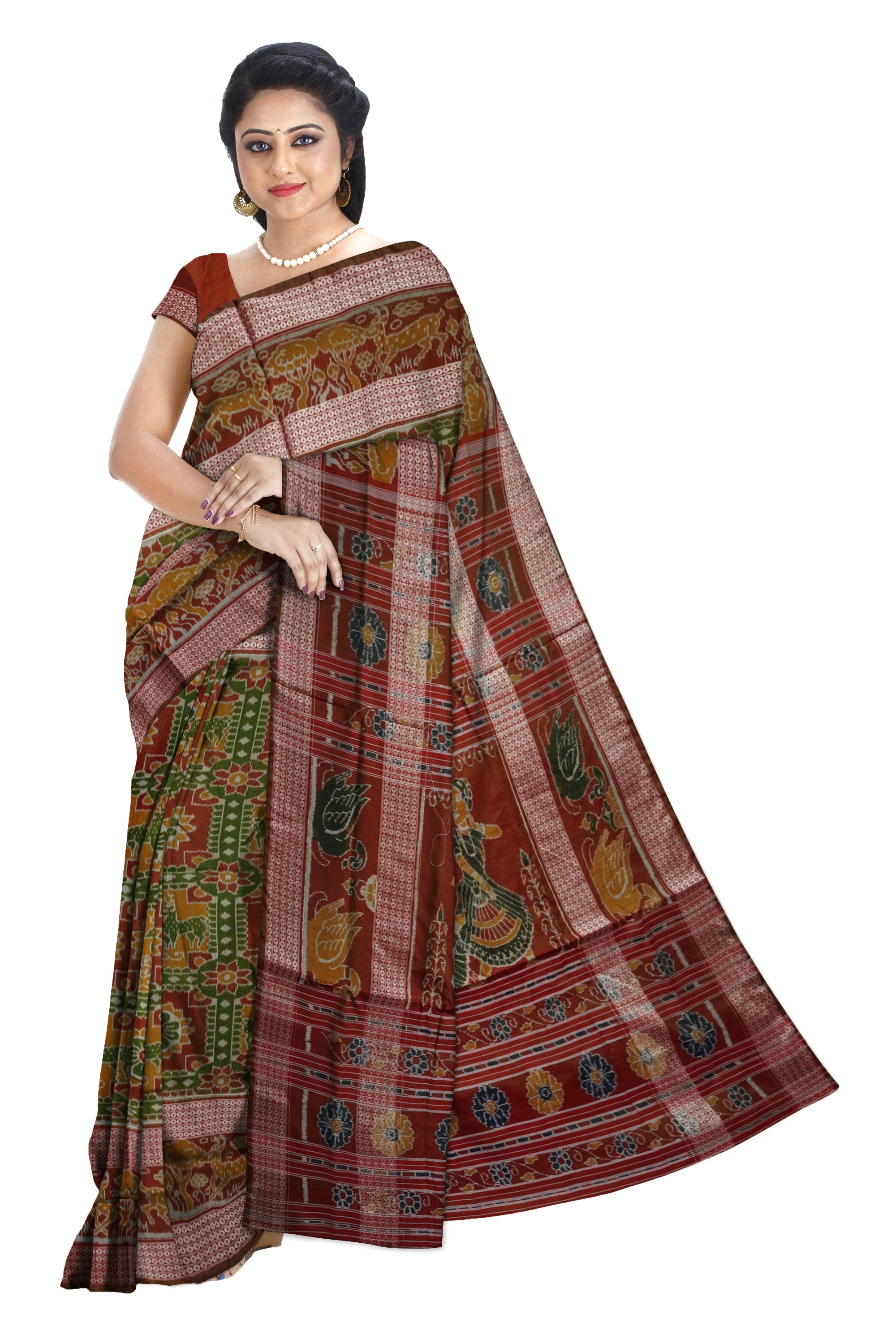 Mehndi,Green and Maroon color deer pattern Sambalpuri Bapta cotton saree. - Koshali Arts & Crafts Enterprise