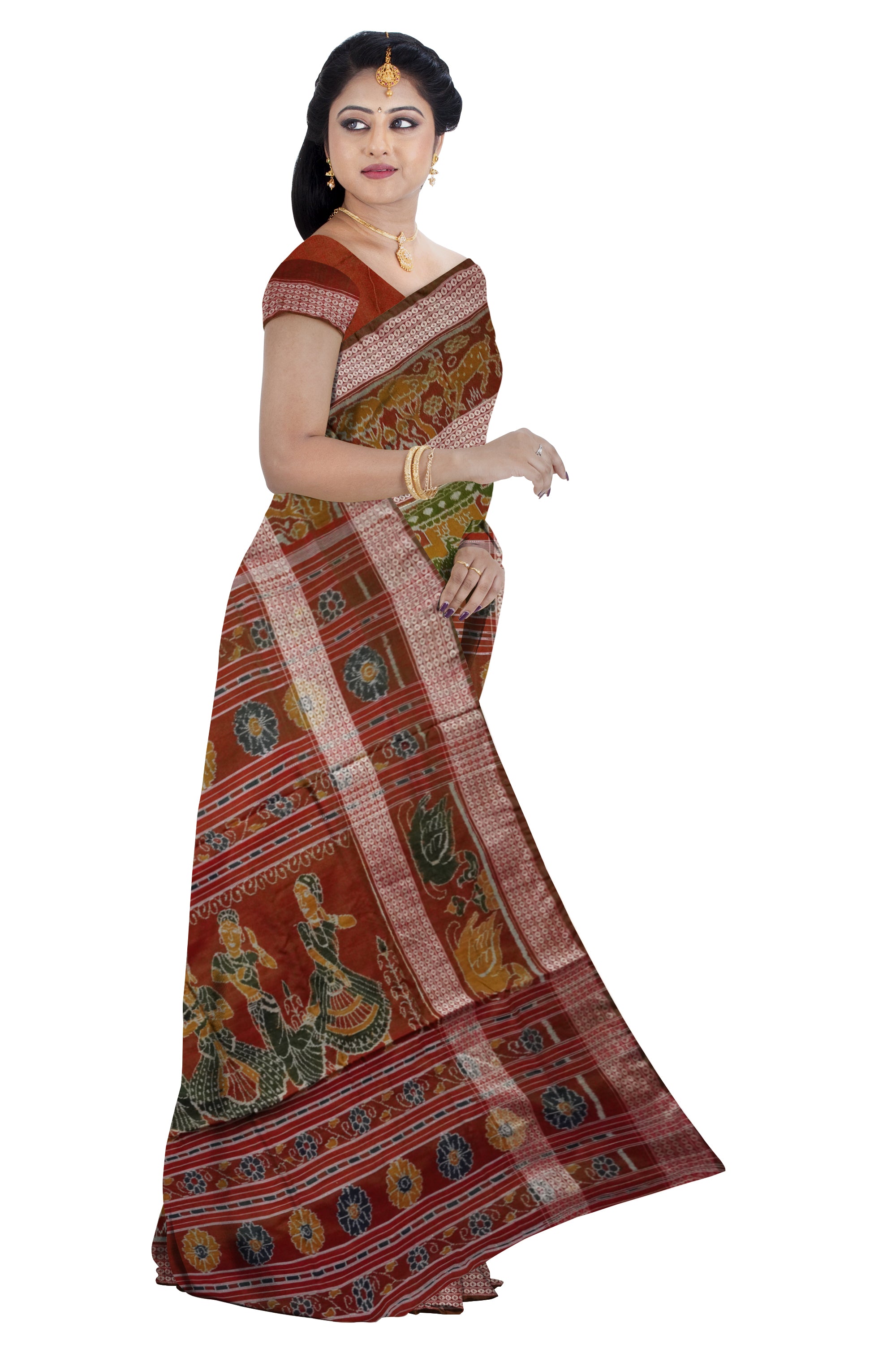 Mehndi,Green and Maroon color deer pattern Sambalpuri Bapta cotton saree. - Koshali Arts & Crafts Enterprise
