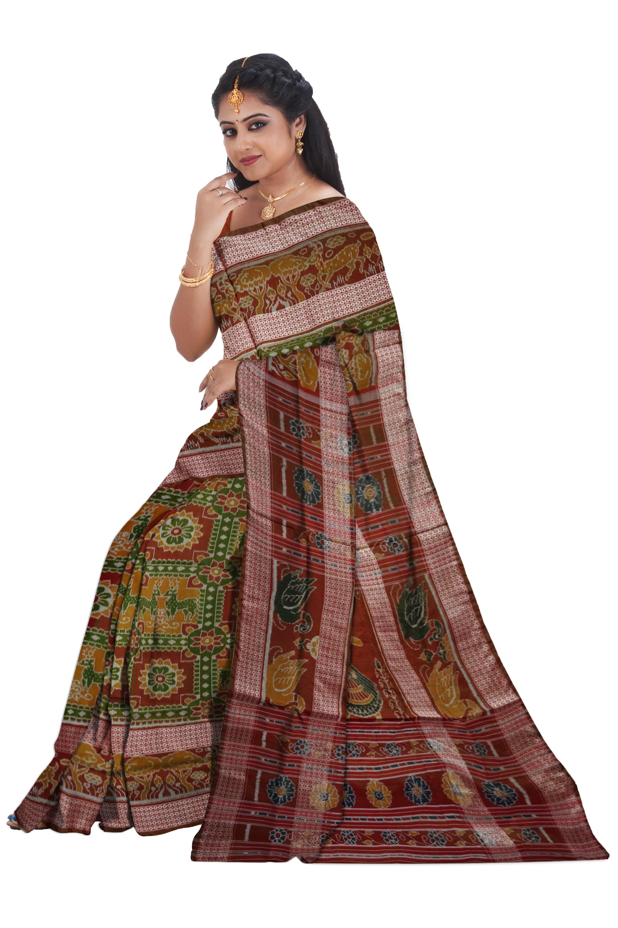 Mehndi,Green and Maroon color deer pattern Sambalpuri Bapta cotton saree. - Koshali Arts & Crafts Enterprise