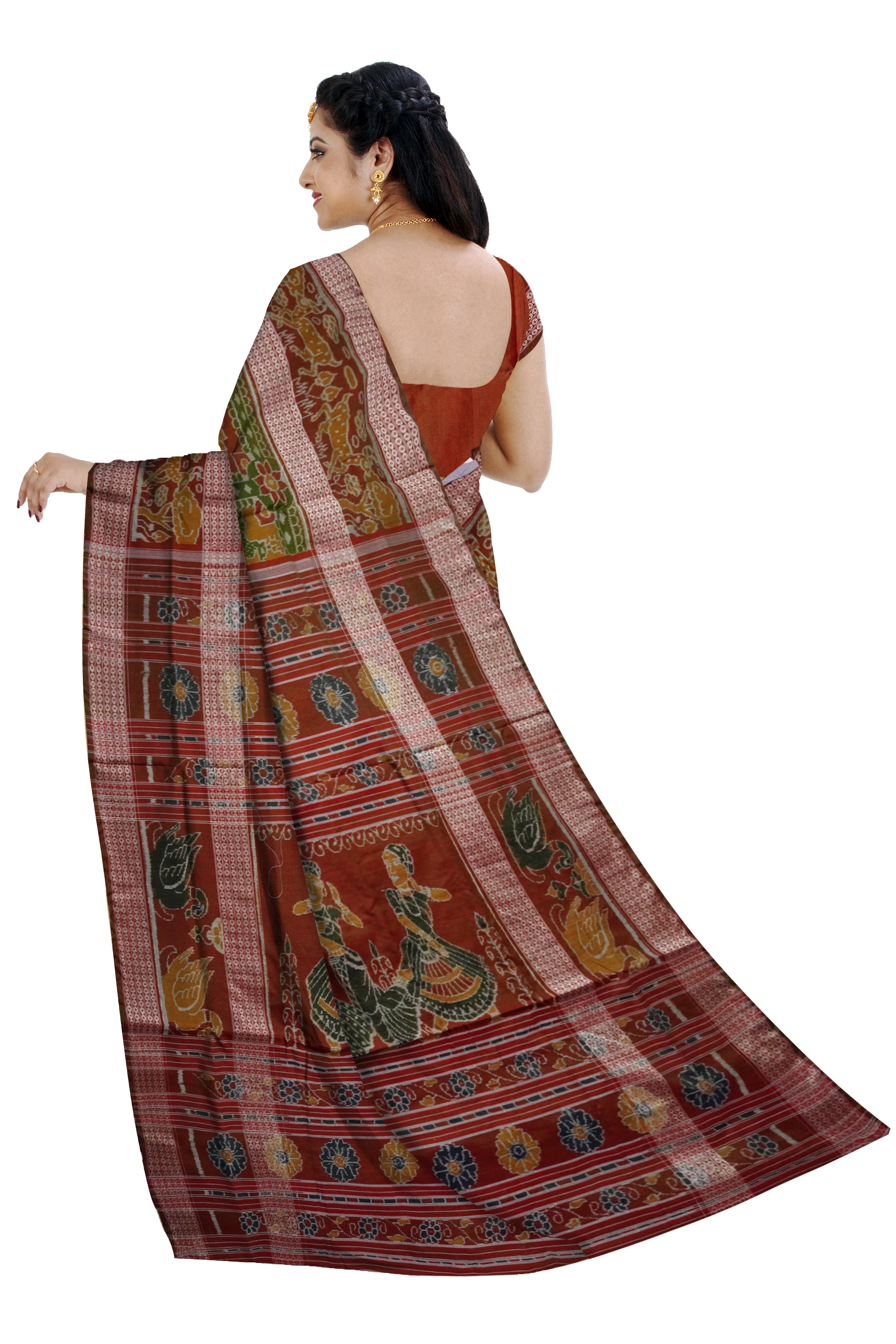 Mehndi,Green and Maroon color deer pattern Sambalpuri Bapta cotton saree. - Koshali Arts & Crafts Enterprise