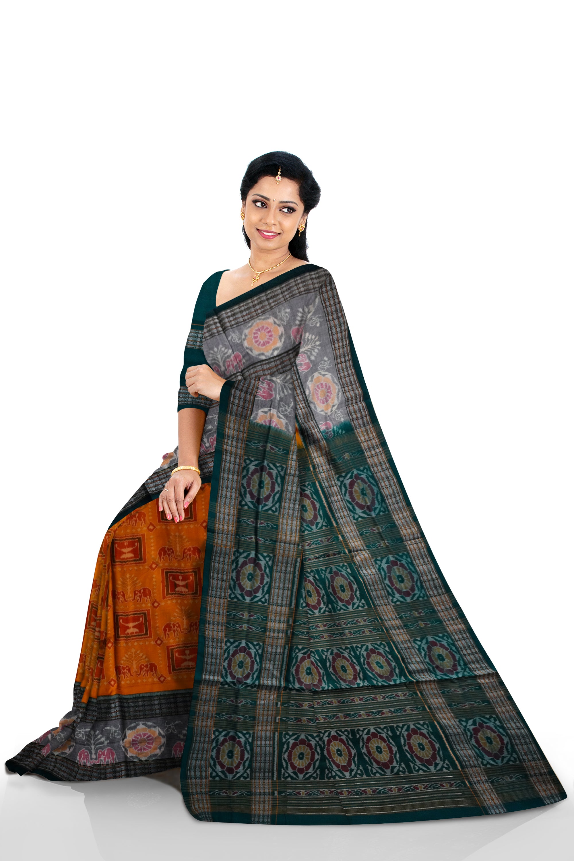 Elephant and terracotta design yellow and green color sambalpuri pure cotton saree. With big border. - Koshali Arts & Crafts Enterprise