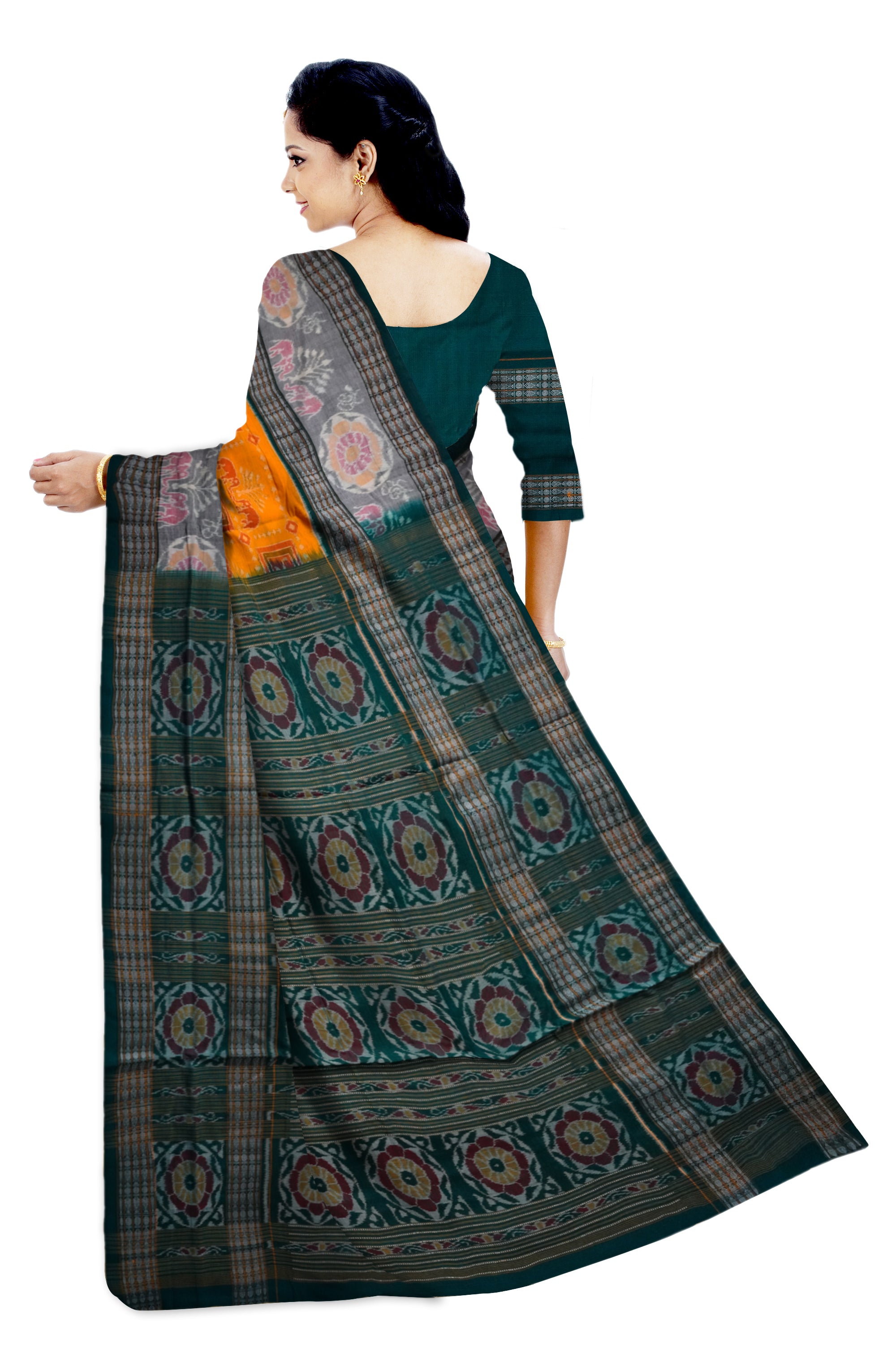 Elephant and terracotta design yellow and green color sambalpuri pure cotton saree. With big border. - Koshali Arts & Crafts Enterprise