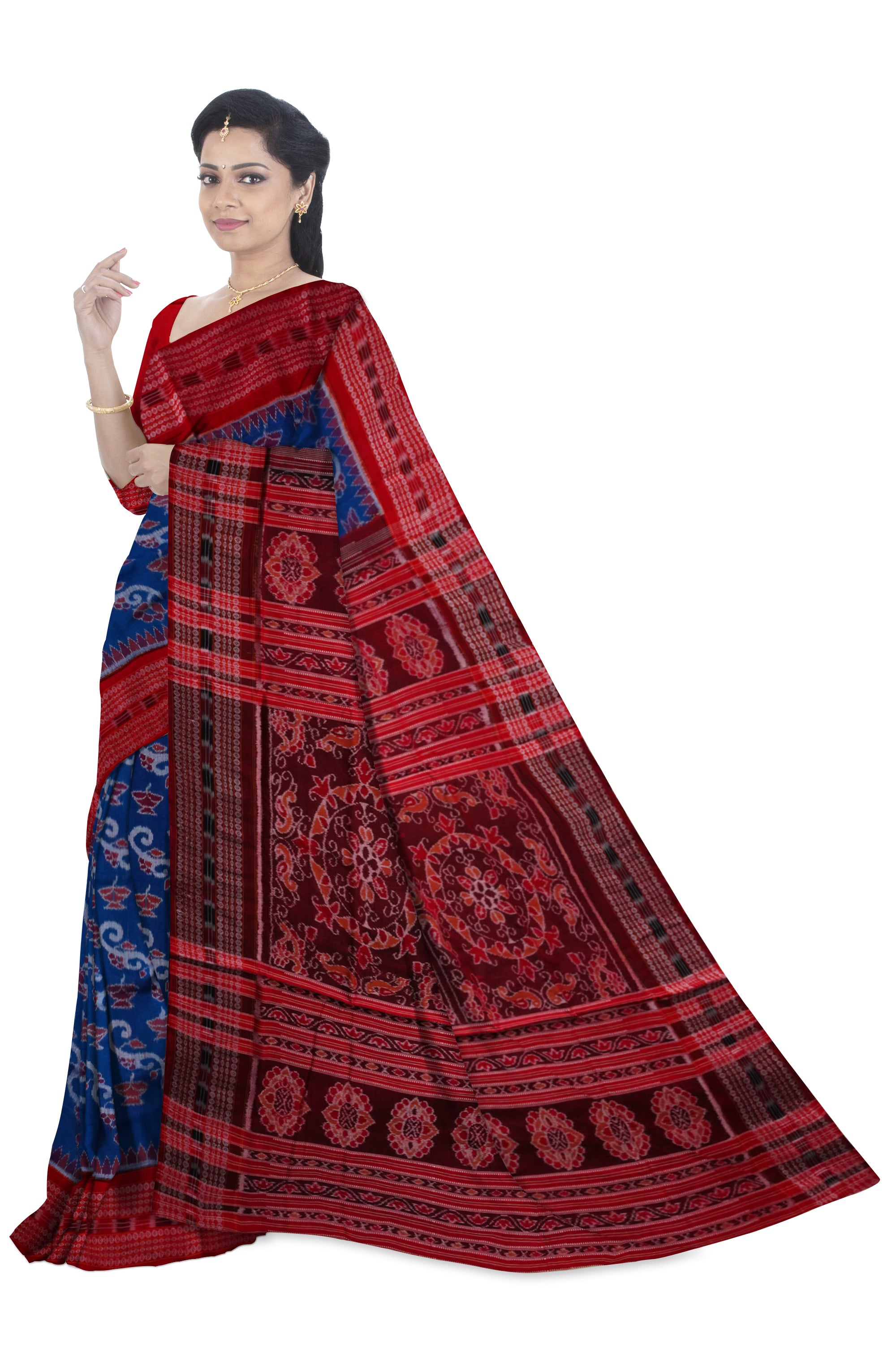 Diyas and lining flowers design in full Body with a nice combination of border. Blue and Maroon color sambalpuri cotton saree. - Koshali Arts & Crafts Enterprise
