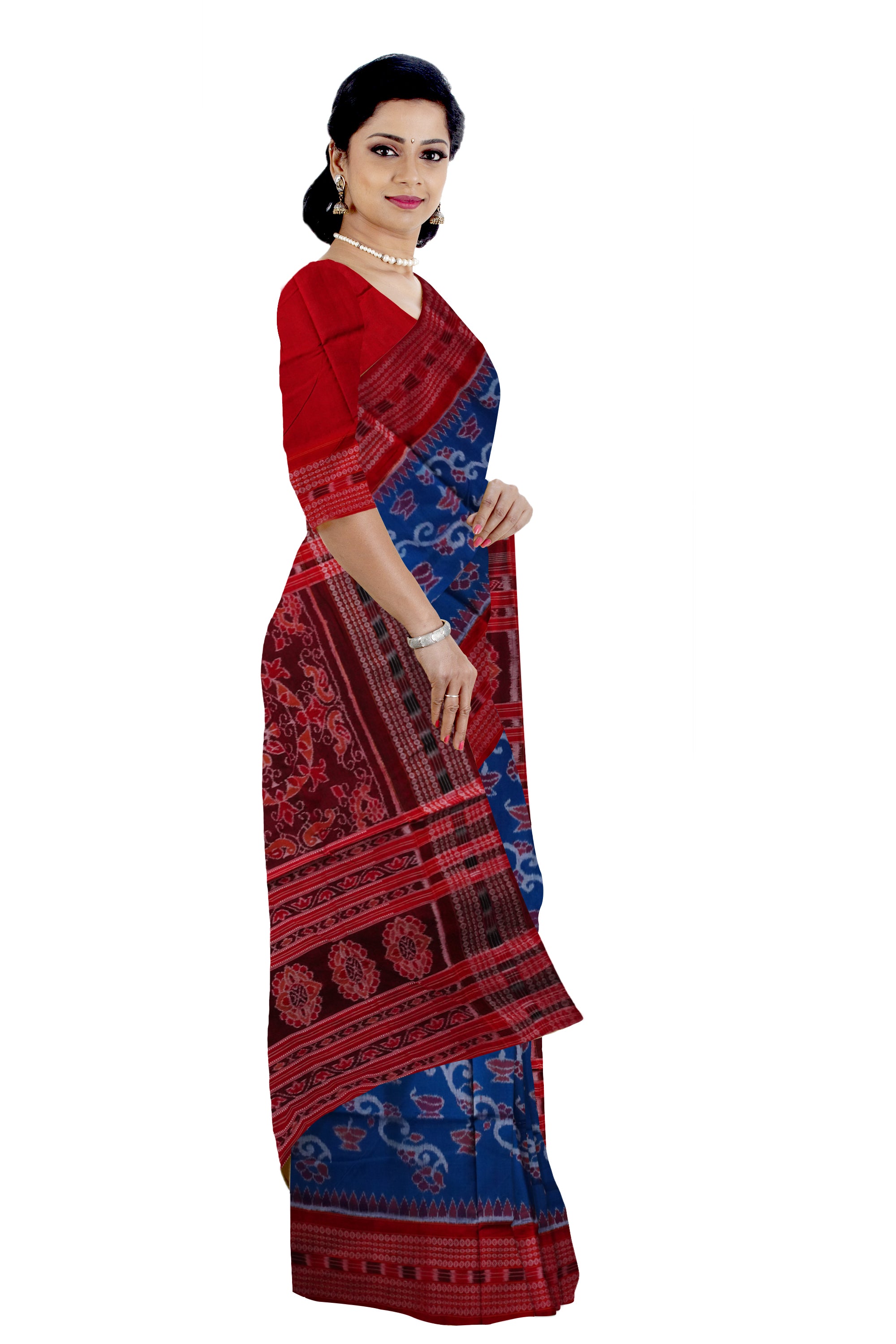 Diyas and lining flowers design in full Body with a nice combination of border. Blue and Maroon color sambalpuri cotton saree. - Koshali Arts & Crafts Enterprise
