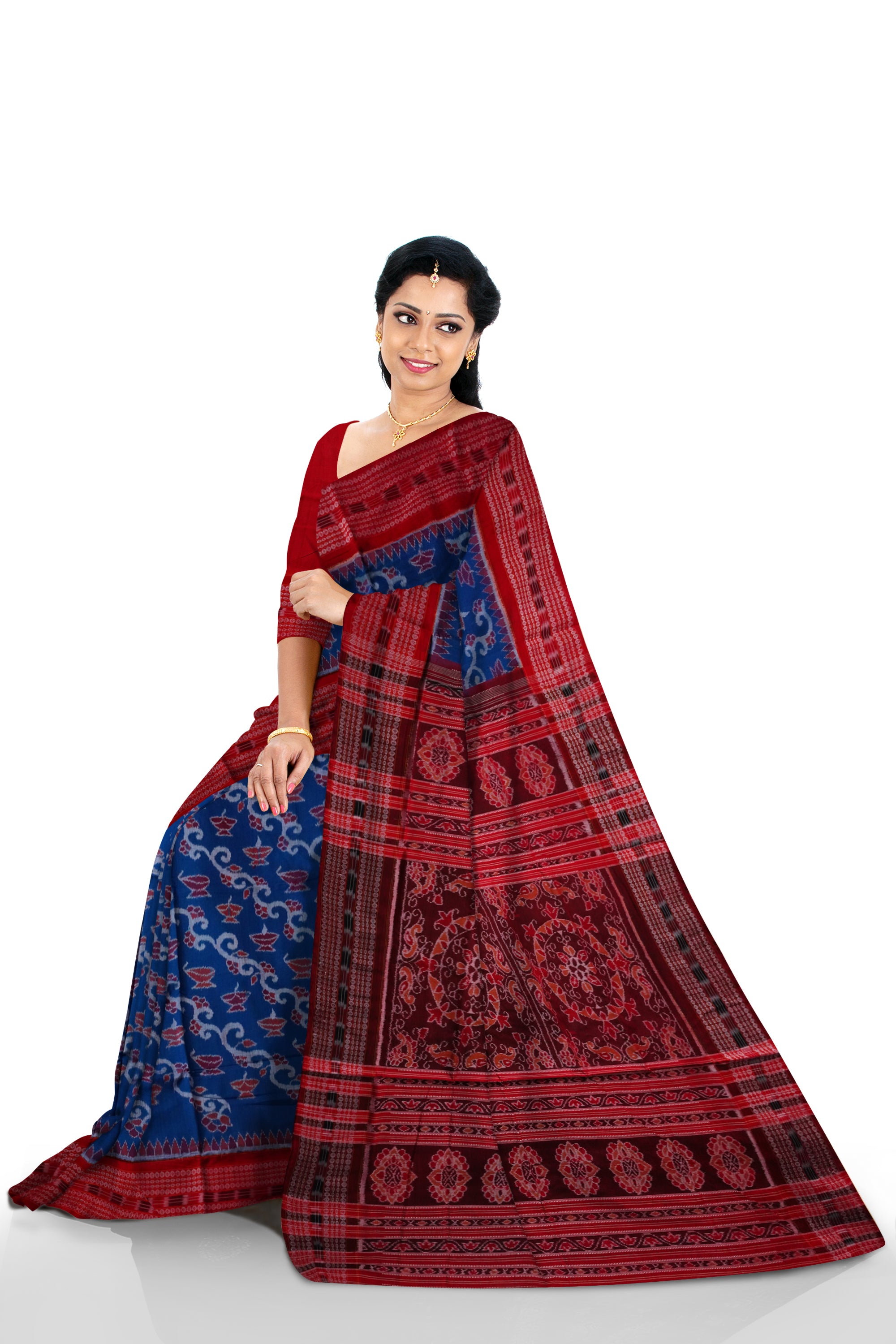 Diyas and lining flowers design in full Body with a nice combination of border. Blue and Maroon color sambalpuri cotton saree. - Koshali Arts & Crafts Enterprise