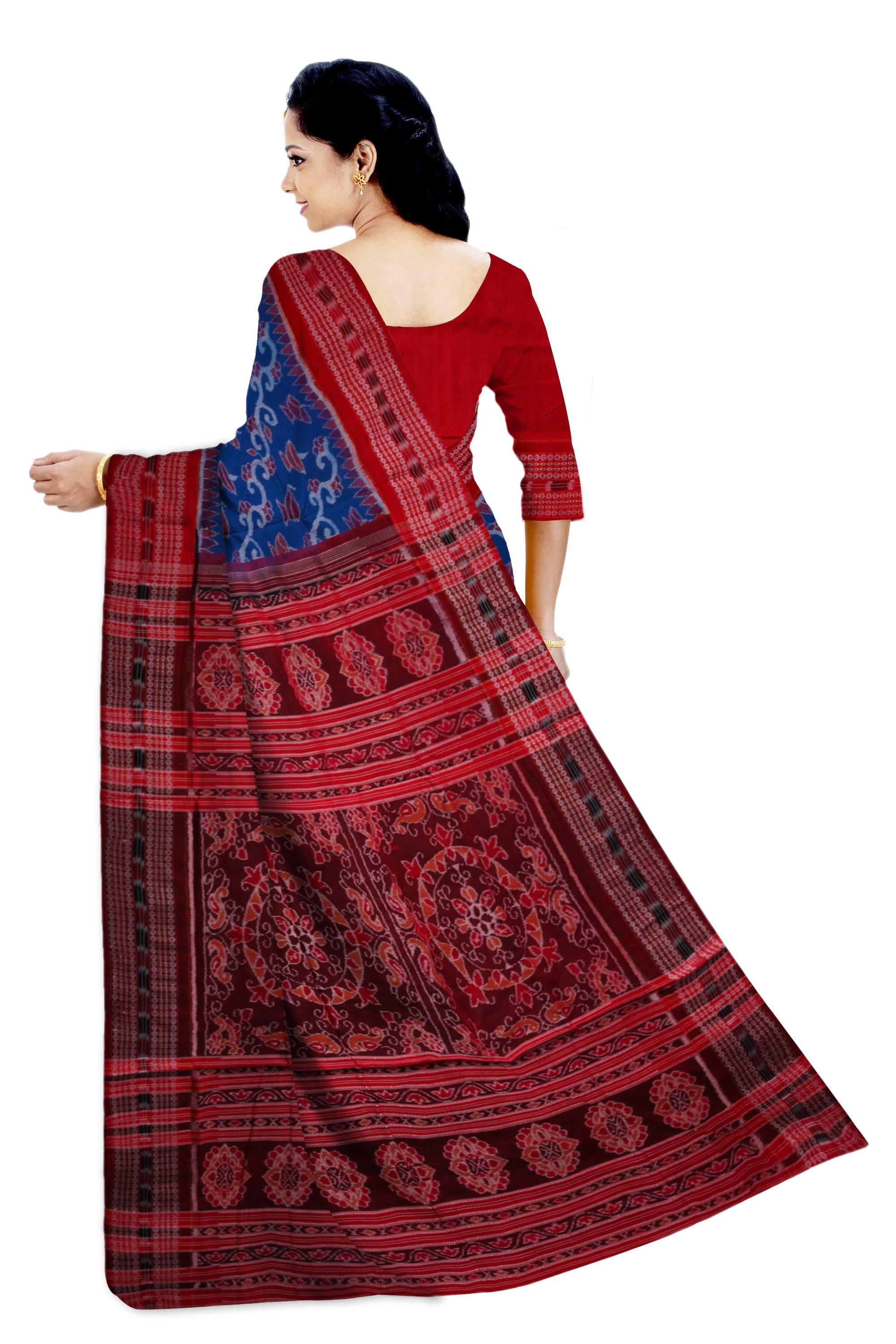 Diyas and lining flowers design in full Body with a nice combination of border. Blue and Maroon color sambalpuri cotton saree. - Koshali Arts & Crafts Enterprise