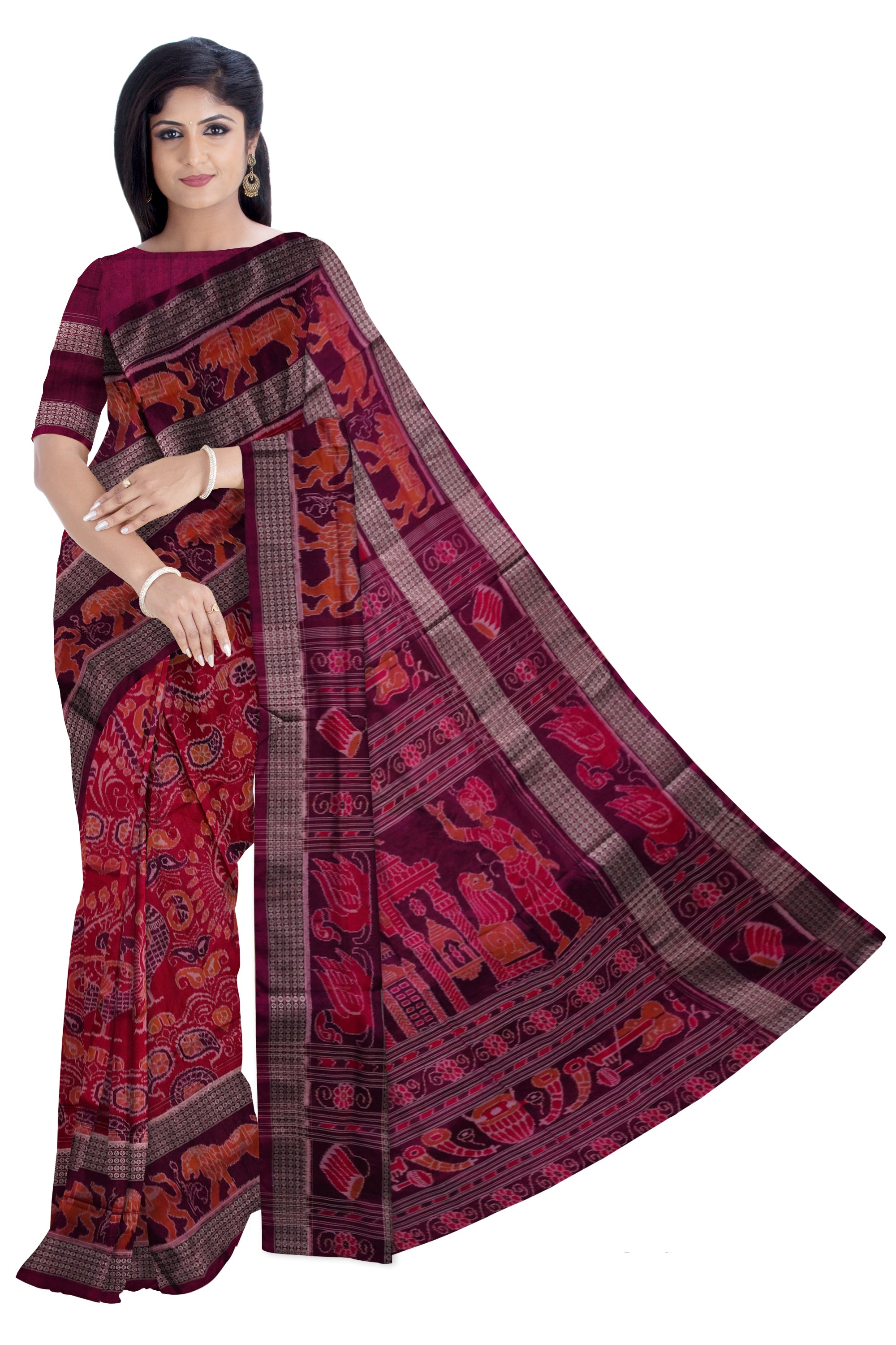 Most attractive Bapta saree with a lovely traditional beautiful peacock pattern with big border in Red and Purple color. - Koshali Arts & Crafts Enterprise