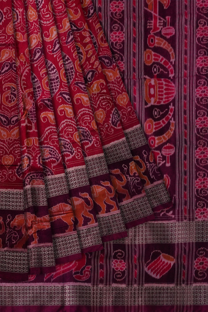 Most attractive Bapta saree with a lovely traditional beautiful peacock pattern with big border in Red and Purple color. - Koshali Arts & Crafts Enterprise