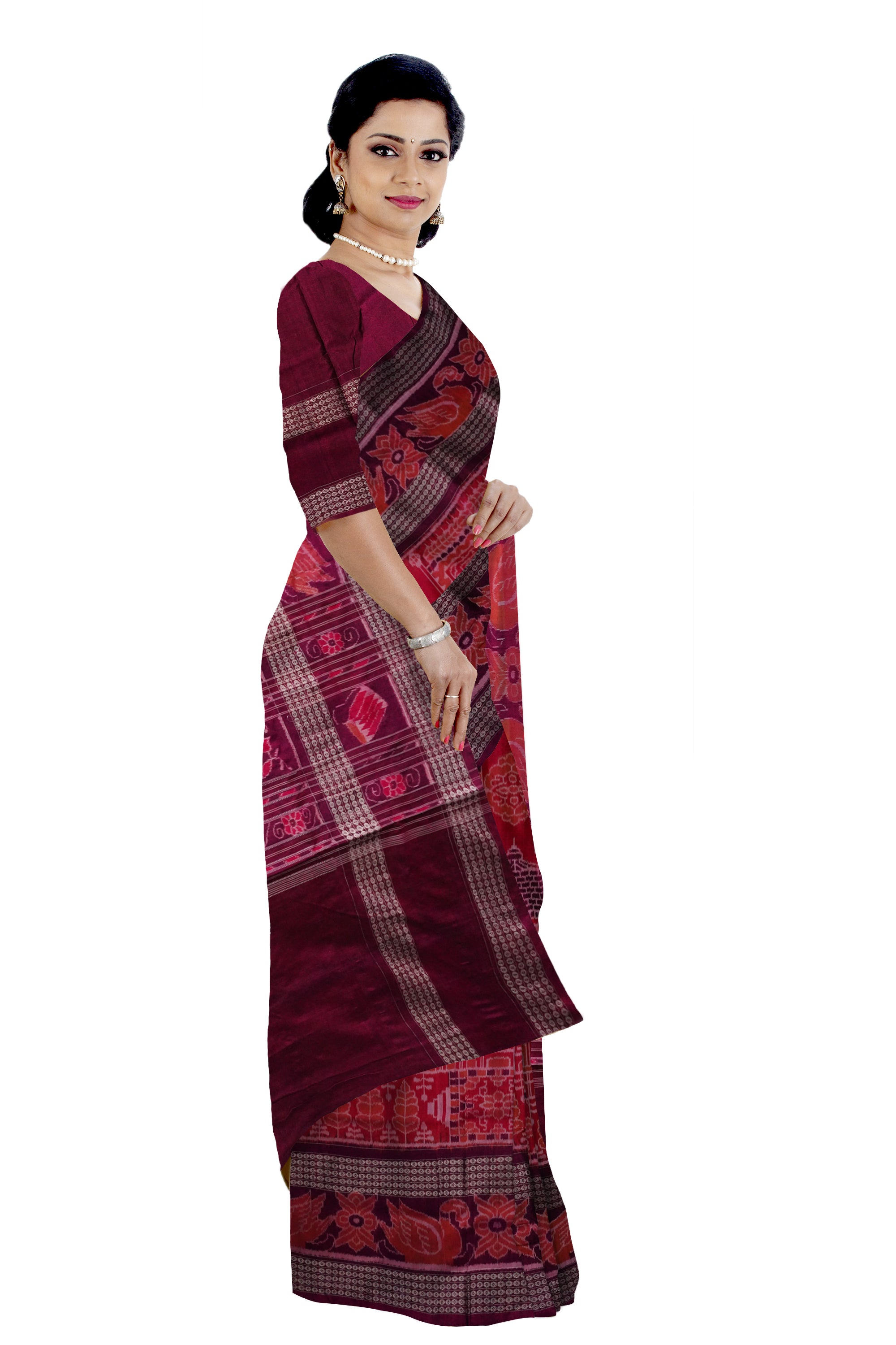 Yellow and marron color Sambalpuri cotton saree with big border. - Koshali Arts & Crafts Enterprise