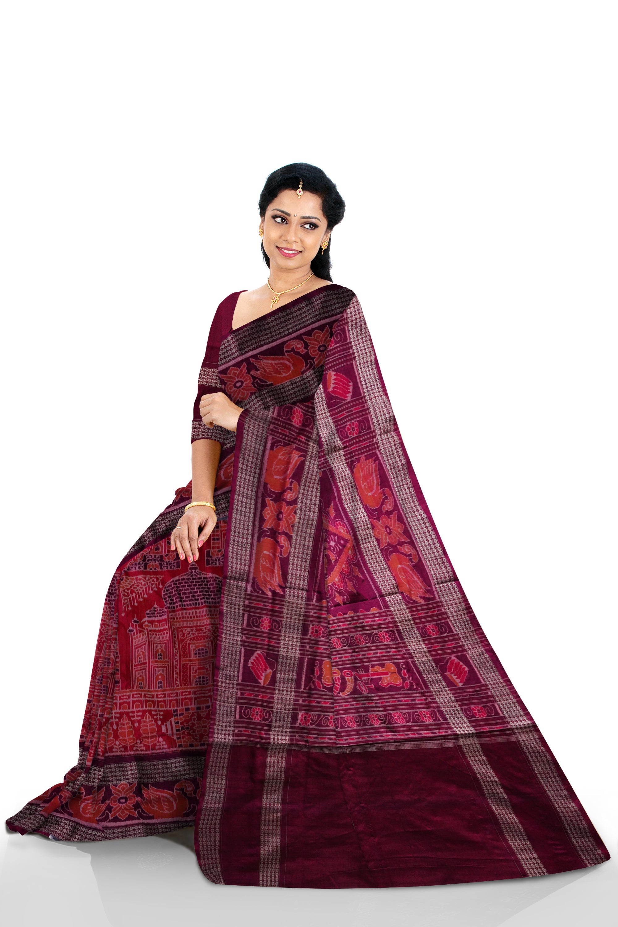 Yellow and marron color Sambalpuri cotton saree with big border. - Koshali Arts & Crafts Enterprise