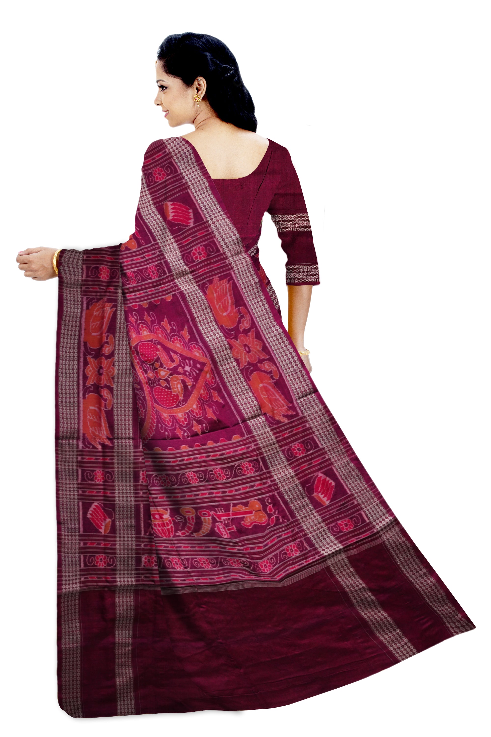 Yellow and marron color Sambalpuri cotton saree with big border. - Koshali Arts & Crafts Enterprise