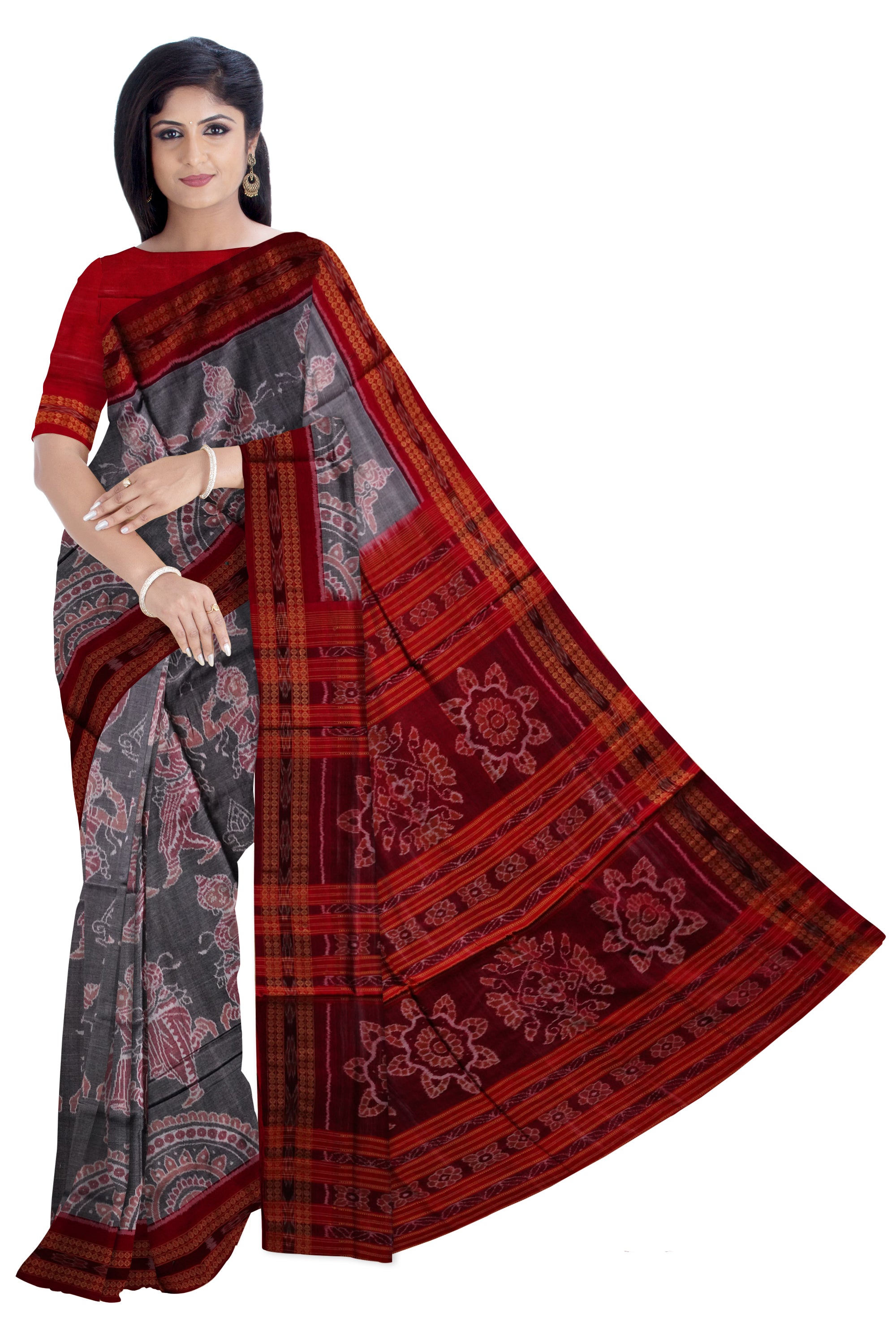 Dancing nartaki sambalpuri cotton saree in Grey and maroon color. - Koshali Arts & Crafts Enterprise